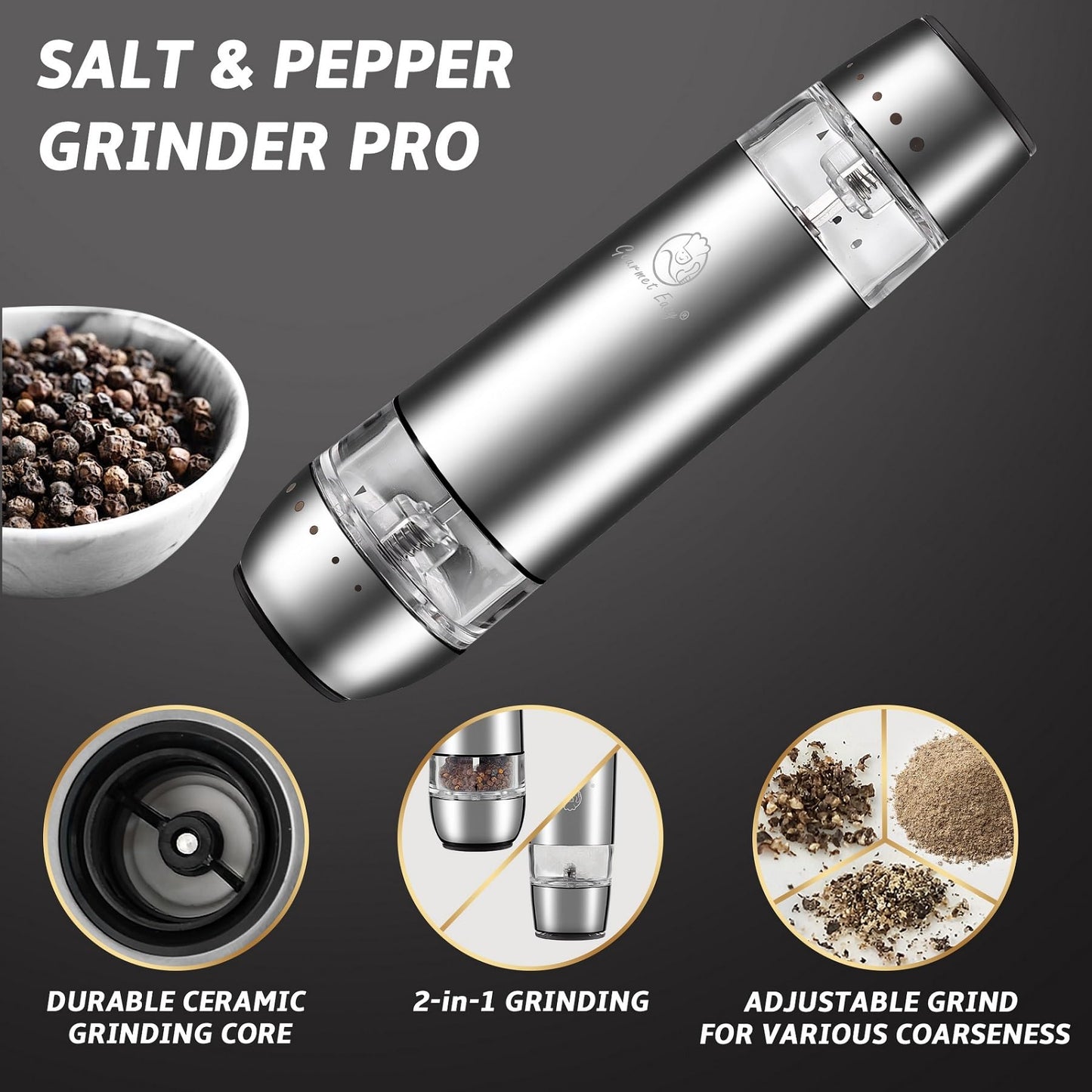 2-in-1 Electric Salt & Pepper Grinder Set USB-C Rechargeable, Adjustable Mill