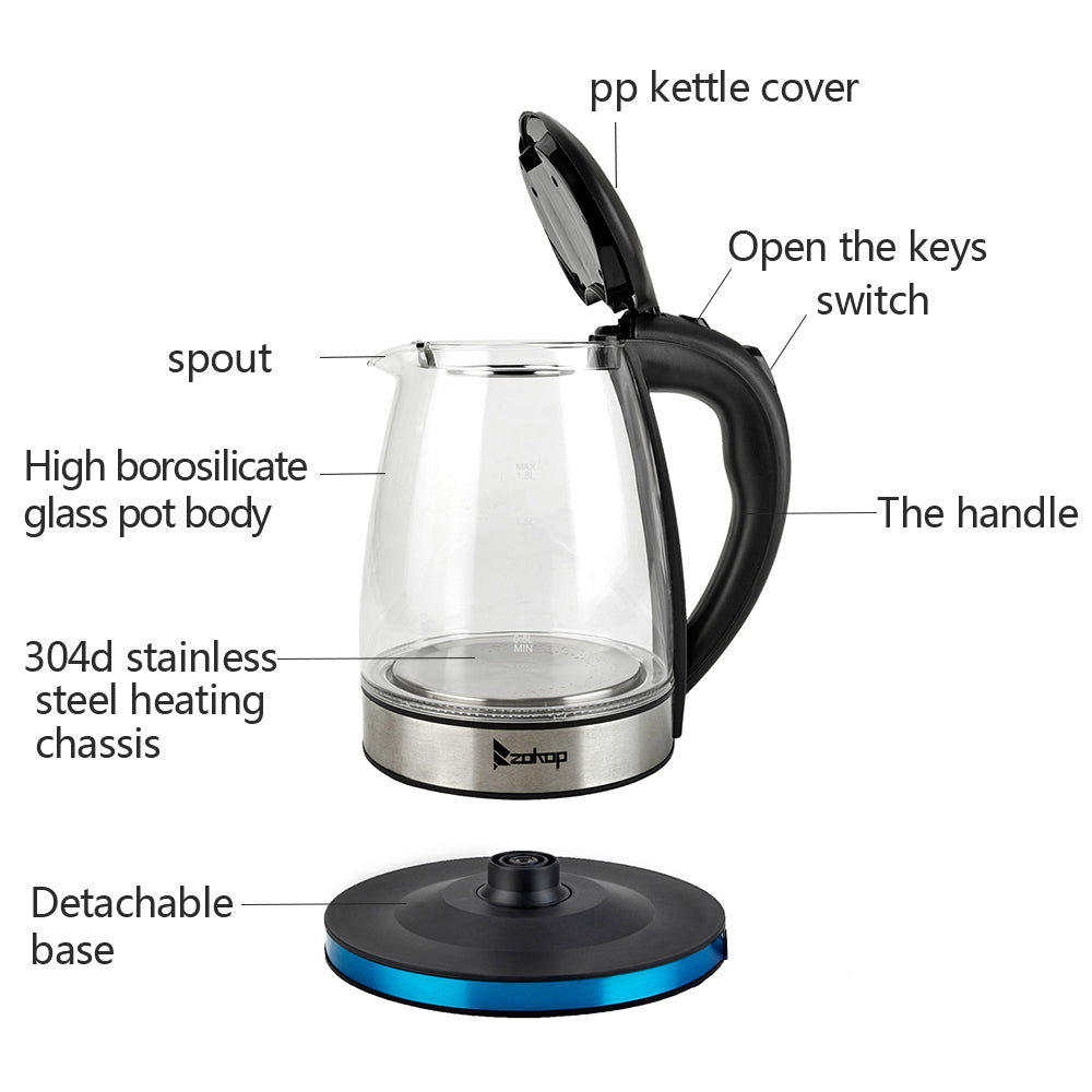 1.8L 2000W Electric Kettle Glass 7 Colours LED Illuminated Portable Jug
