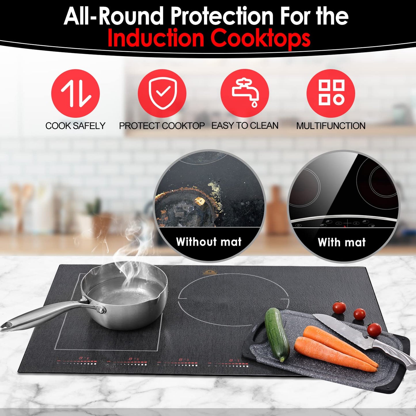 KitchenRaku Induction Hob Protector Mat 78x52cm Magnetic Silicone Cover
