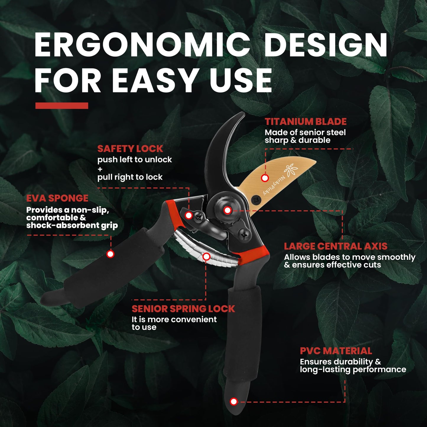 NickyPicky Heavy Duty Garden Secateurs – Titanium Blade, Ergonomic Grip