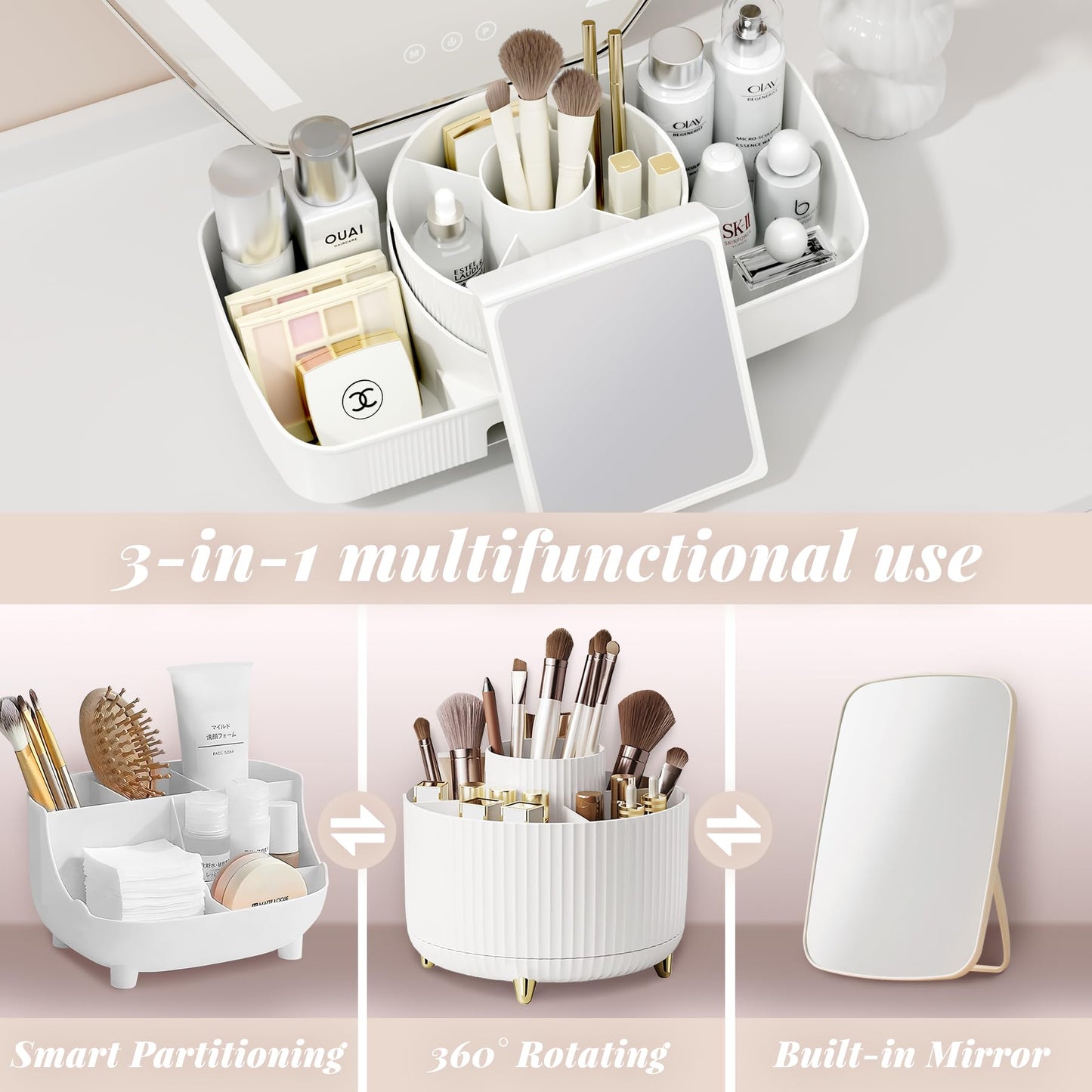 360° Rotating Makeup Organiser with Mirror – Large Capacity Cosmetic Storage Box | Multi-Compartment