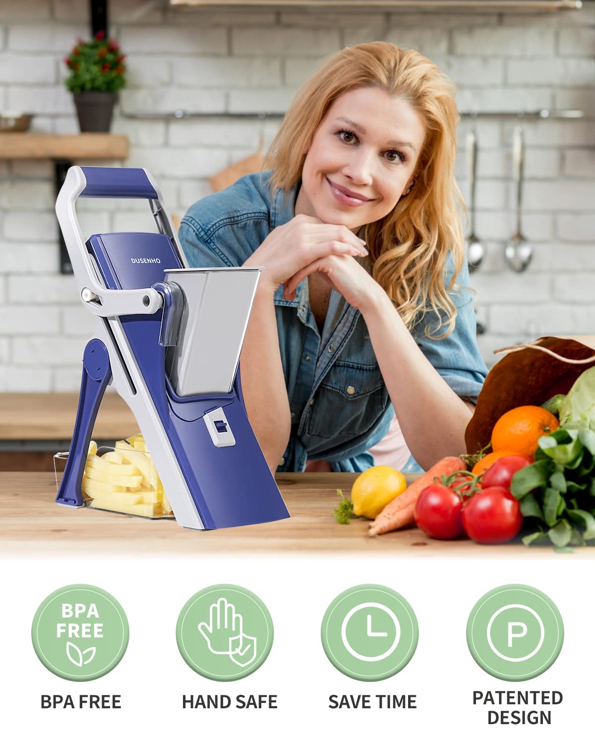 DUSENHO Mandoline Slicer 6 Blades, Safe & Easy to Use Veg Chopper