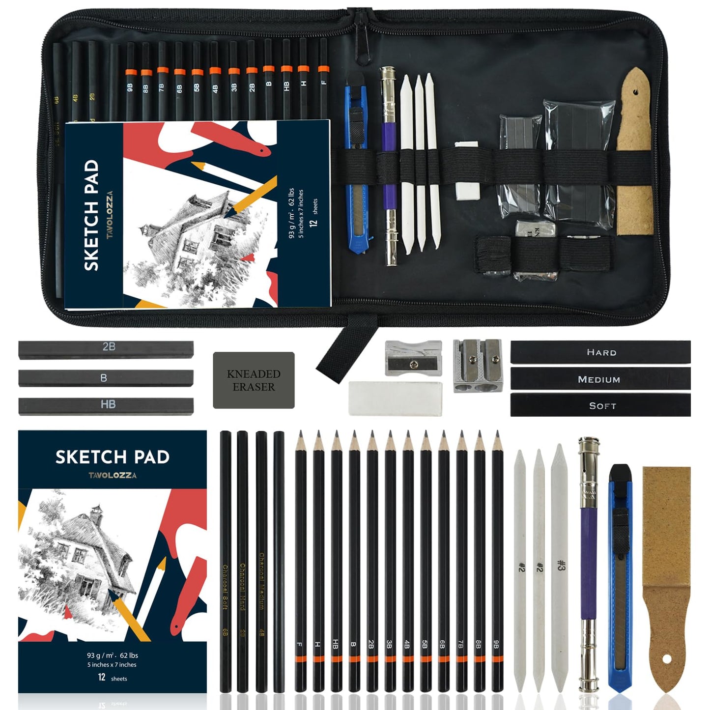 Tavolozza 34-Piece Sketching & Drawing Set with Pencils, Charcoal & Case