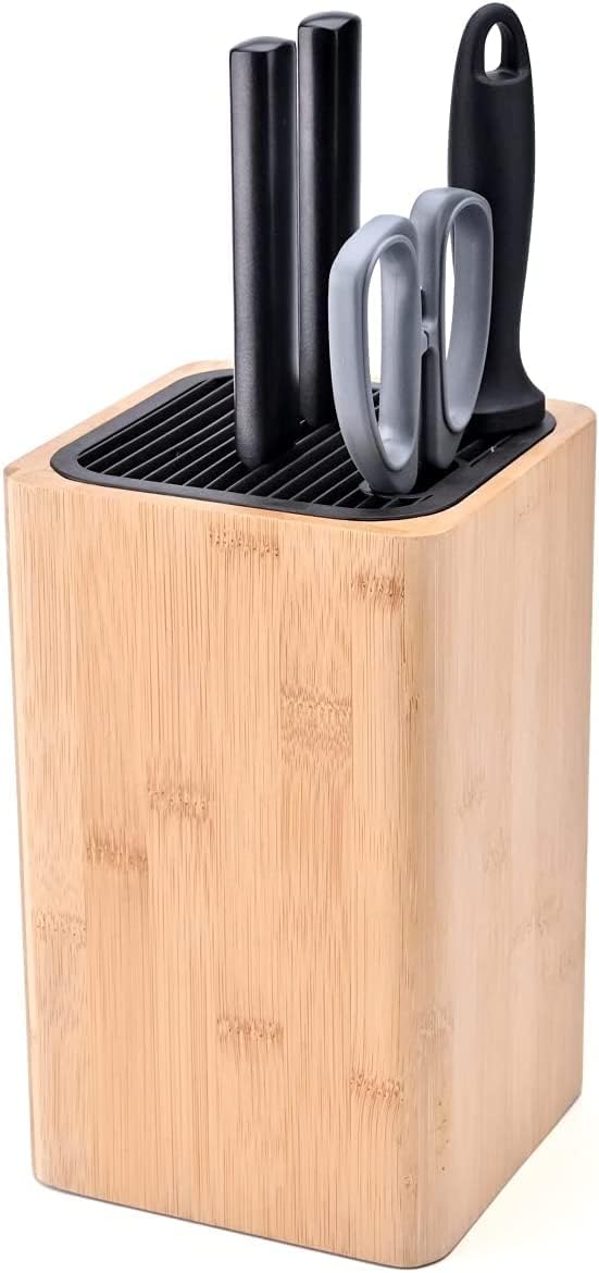 KitchenDAO Bamboo Universal Knife Block – Holds Up to 16 Knives + Scissors & Sharpener