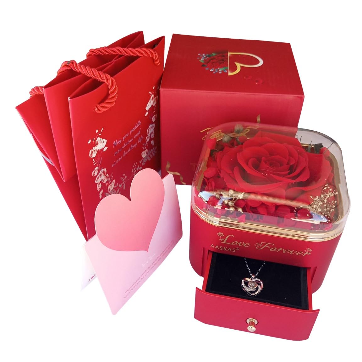 Preserved Red Rose Gift Box with “I Love You” Necklace in 100 Languages – Romantic Keepsake