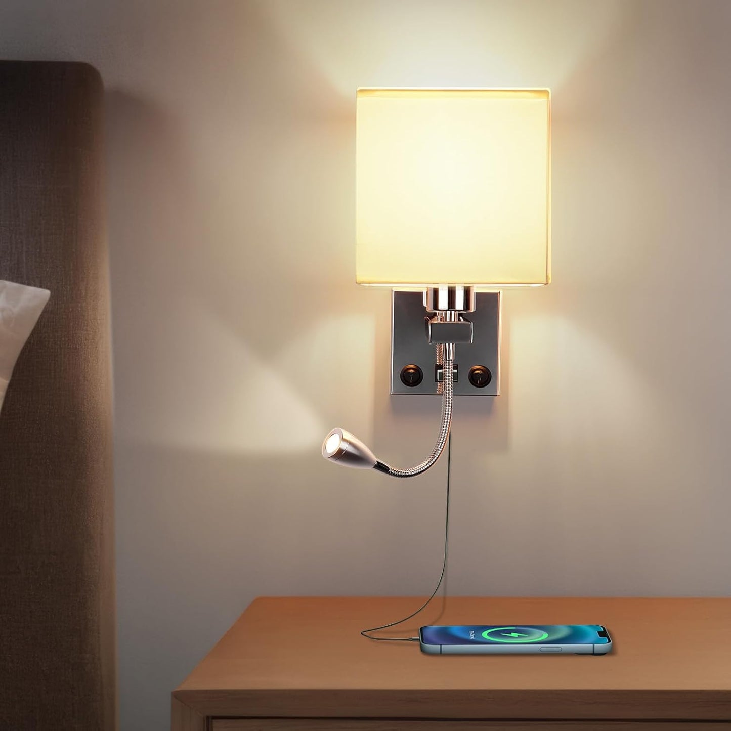 ALLOMN LED Bedside Wall Light Dual Switch USB Reading Lamp Polished Chrome