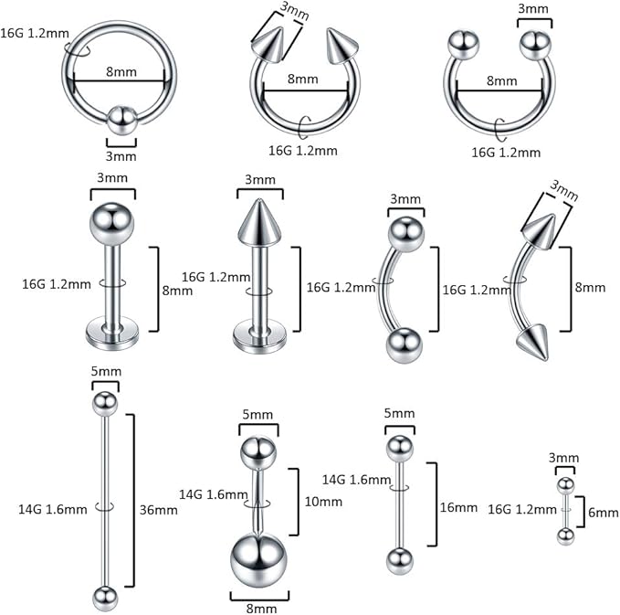 Aumeo 140‑Pc Stainless Steel Piercing Jewellery Kit 14G 16G Nose Ear Lip Body
