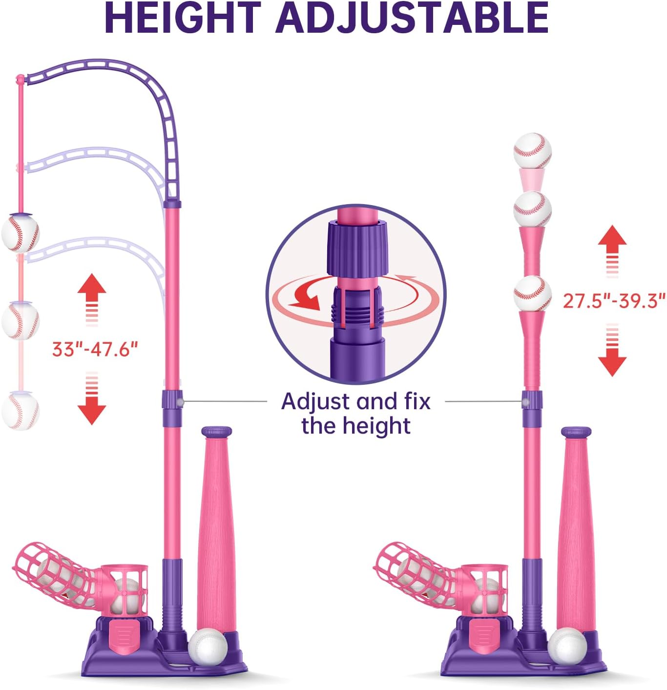 Mytrix Pink 3-in-1 Kids T-Ball Set – Tee, Pitching Machine & Batting Stand