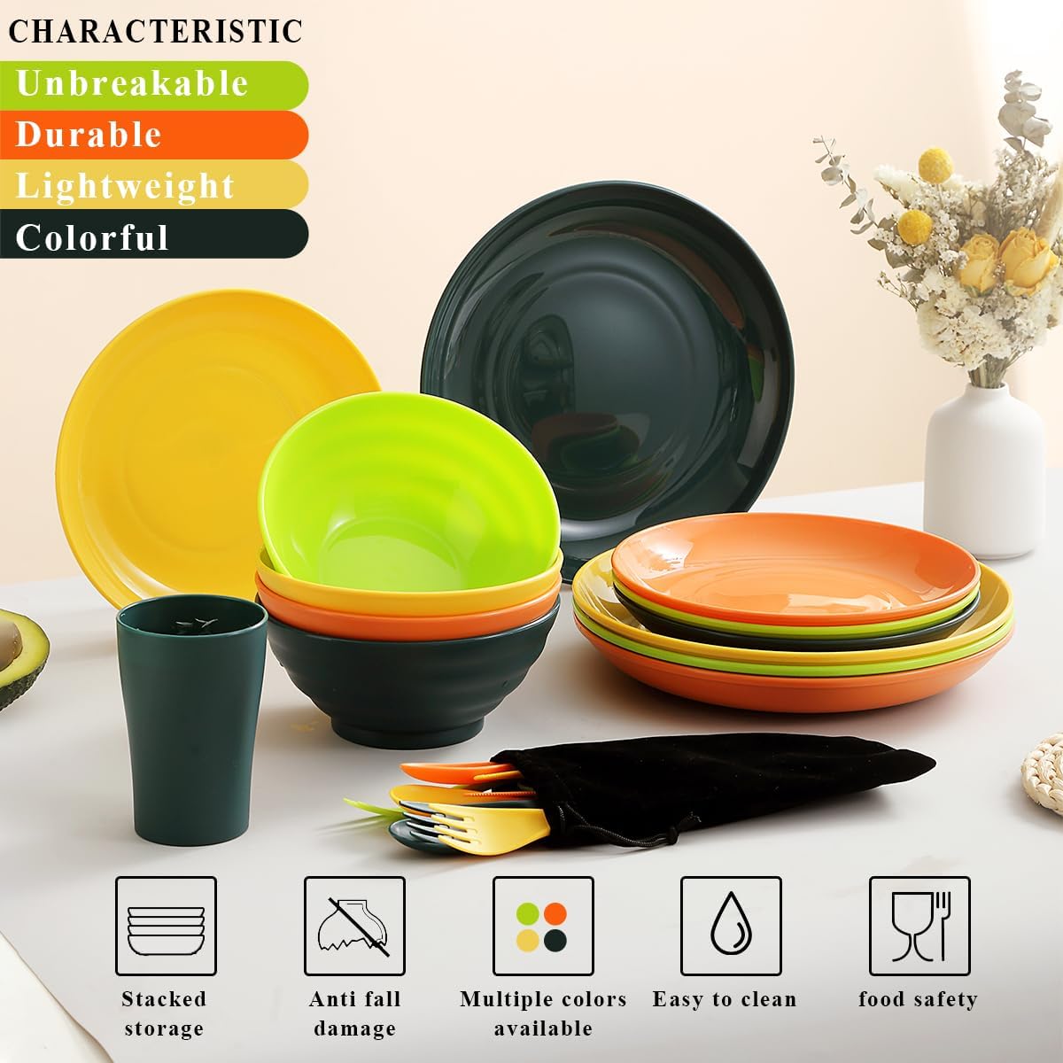 Evanda 28‑Piece Multi‑Colour Plastic Dinnerware Set – BPA‑Free, Microwave & Dishwasher Safe