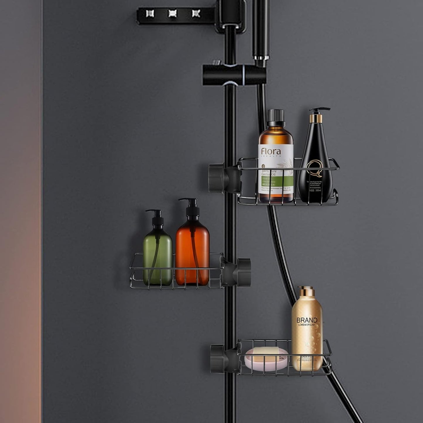 Poprkdre No‑Drill Stainless Steel Shower Shelf Set – Black, 3‑Piece, Rust‑Proof
