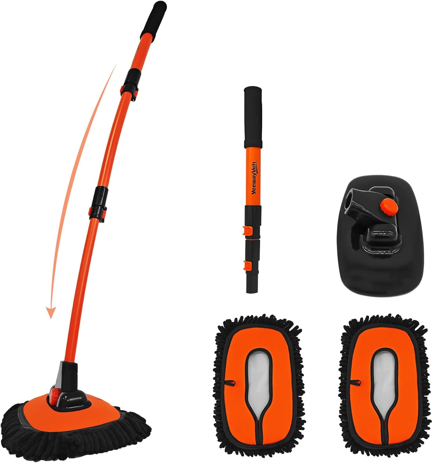 YeewayVeh 43″ Extendable Car Wash Brush Mop ‒ Soft Microfiber, Curved Head, Long Pole