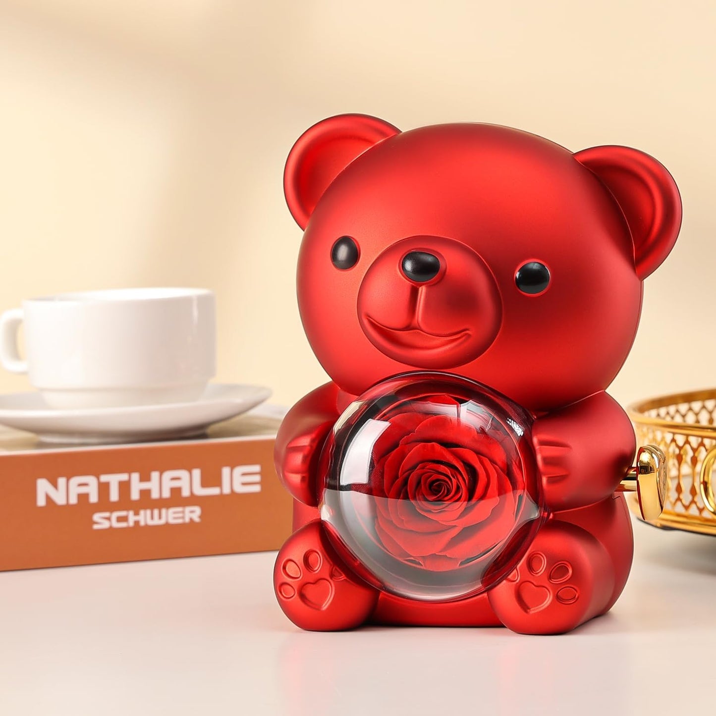 Ariceleo Red Teddy Bear with Preserved Real Rose – Romantic Keepsake Gift