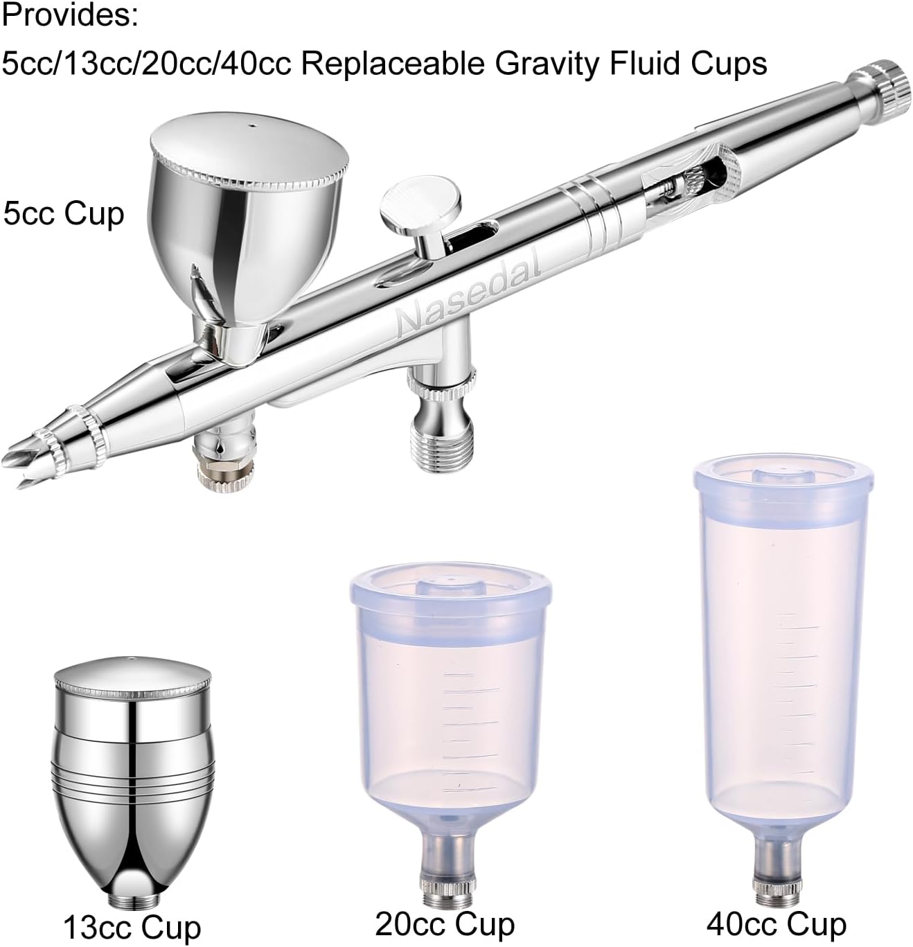 Nasedal Dual‑Action Airbrush Kit – 4 Cup Sizes, 0.3/0.5 mm Needles – Art & Cake