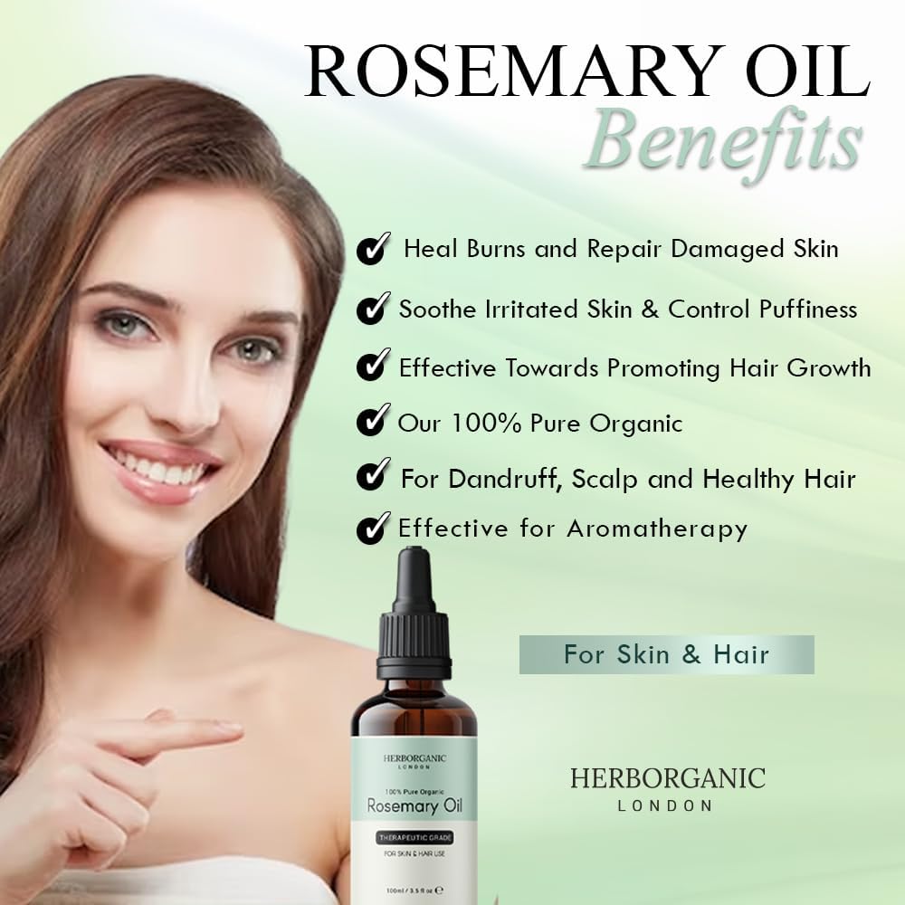 HERBORGANIC Organic Rosemary Oil 100 ml – Hair Growth, Scalp, Brows & Lashes