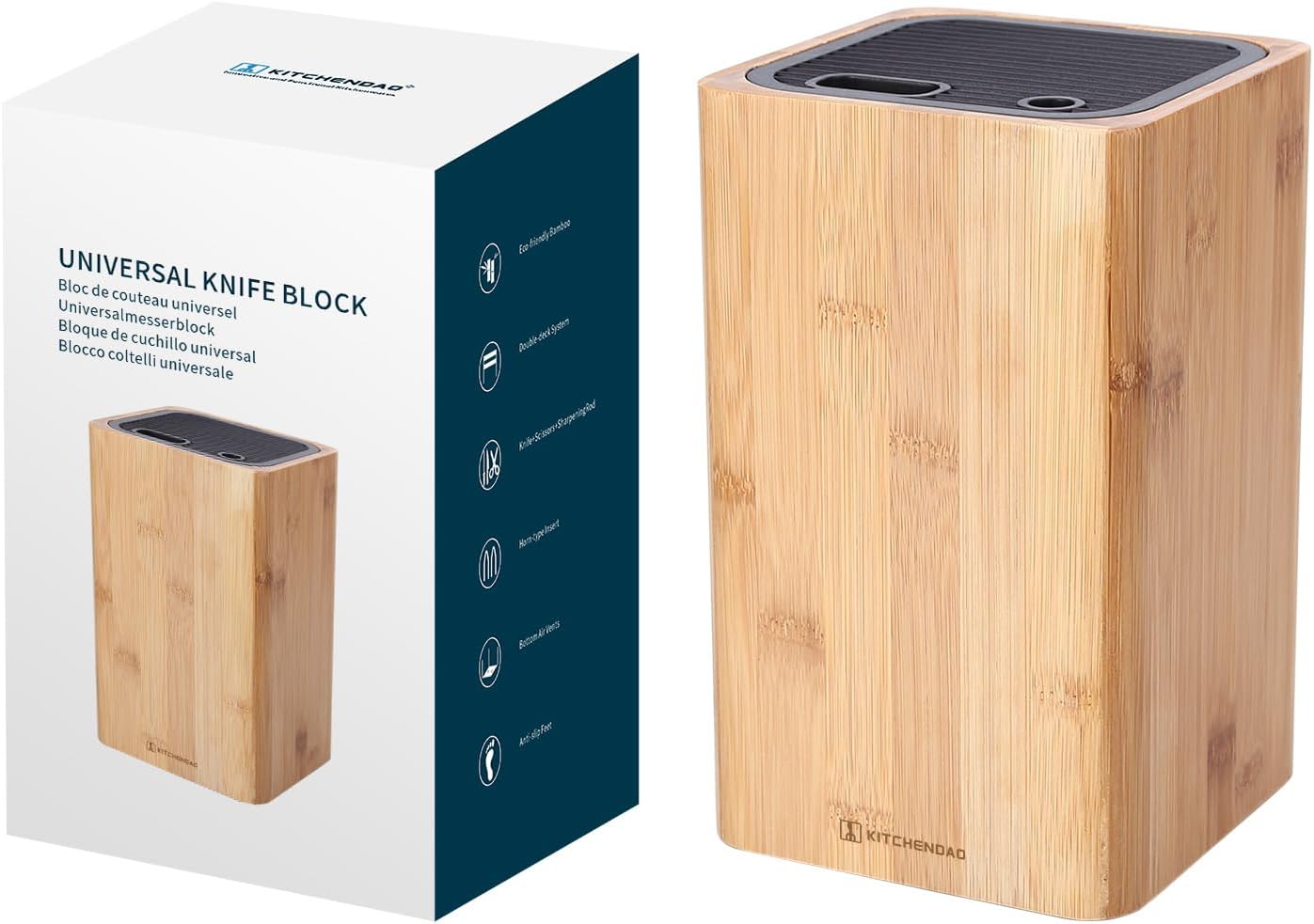 KitchenDAO Bamboo Universal Knife Block – Holds Up to 16 Knives + Scissors & Sharpener