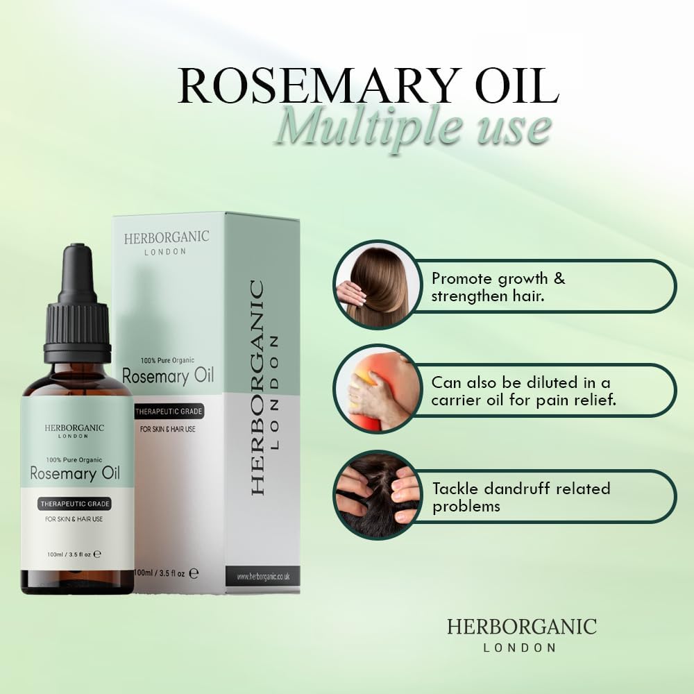 HERBORGANIC Organic Rosemary Oil 100 ml – Hair Growth, Scalp, Brows & Lashes