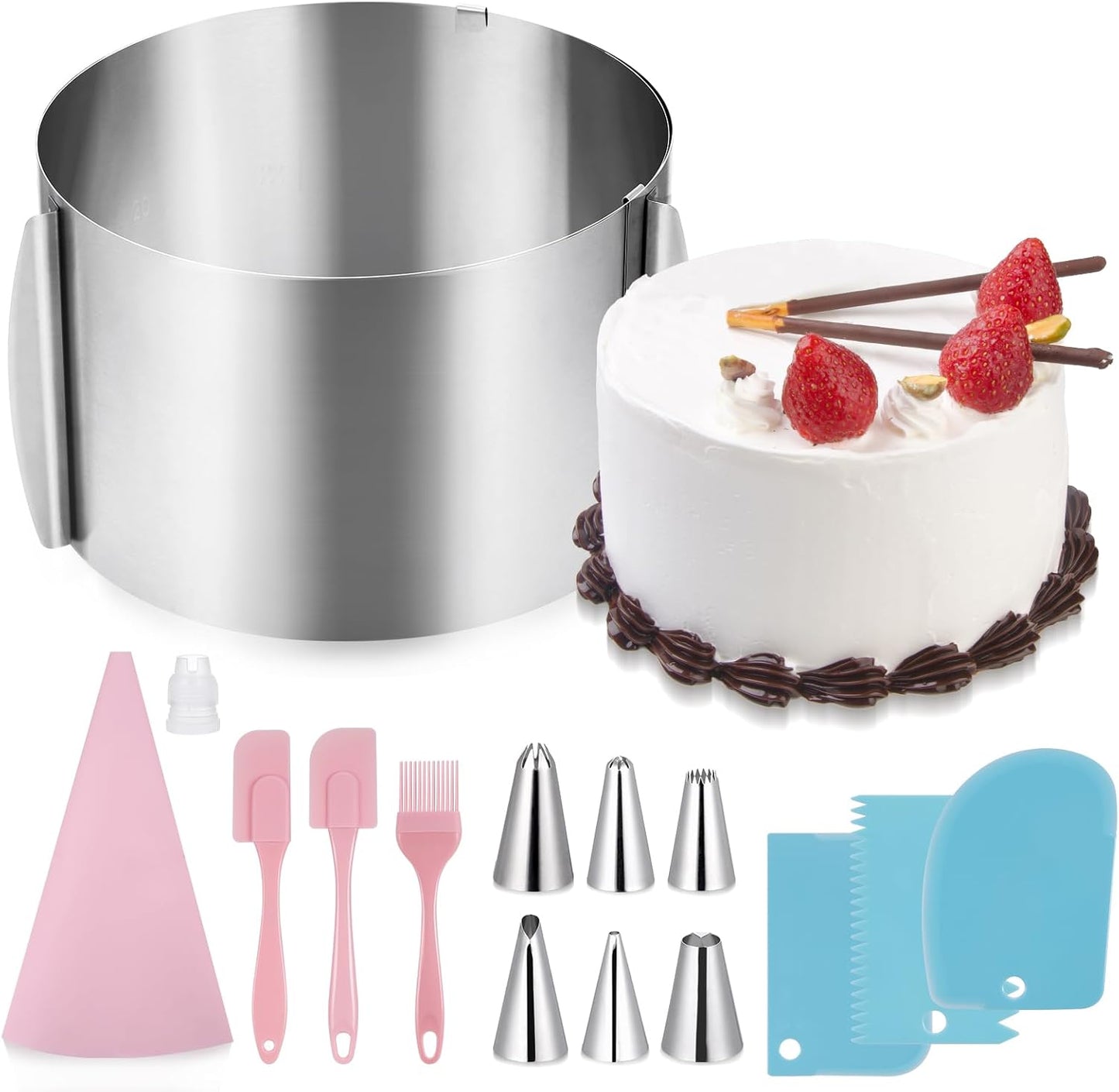Kssvzz Adjustable Stainless Steel Cake Ring Kit with Nozzles & Decorating Tools
