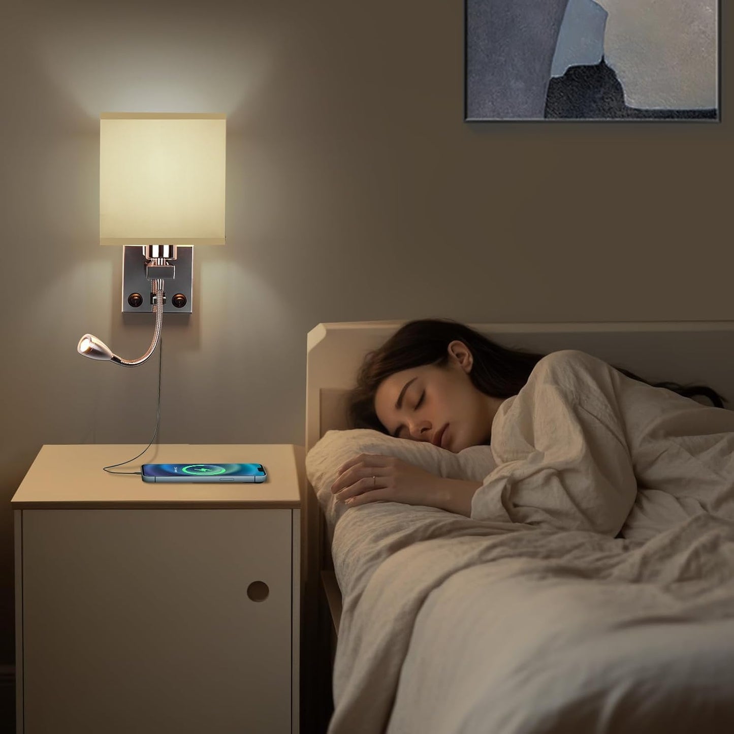 ALLOMN LED Bedside Wall Light Dual Switch USB Reading Lamp Polished Chrome