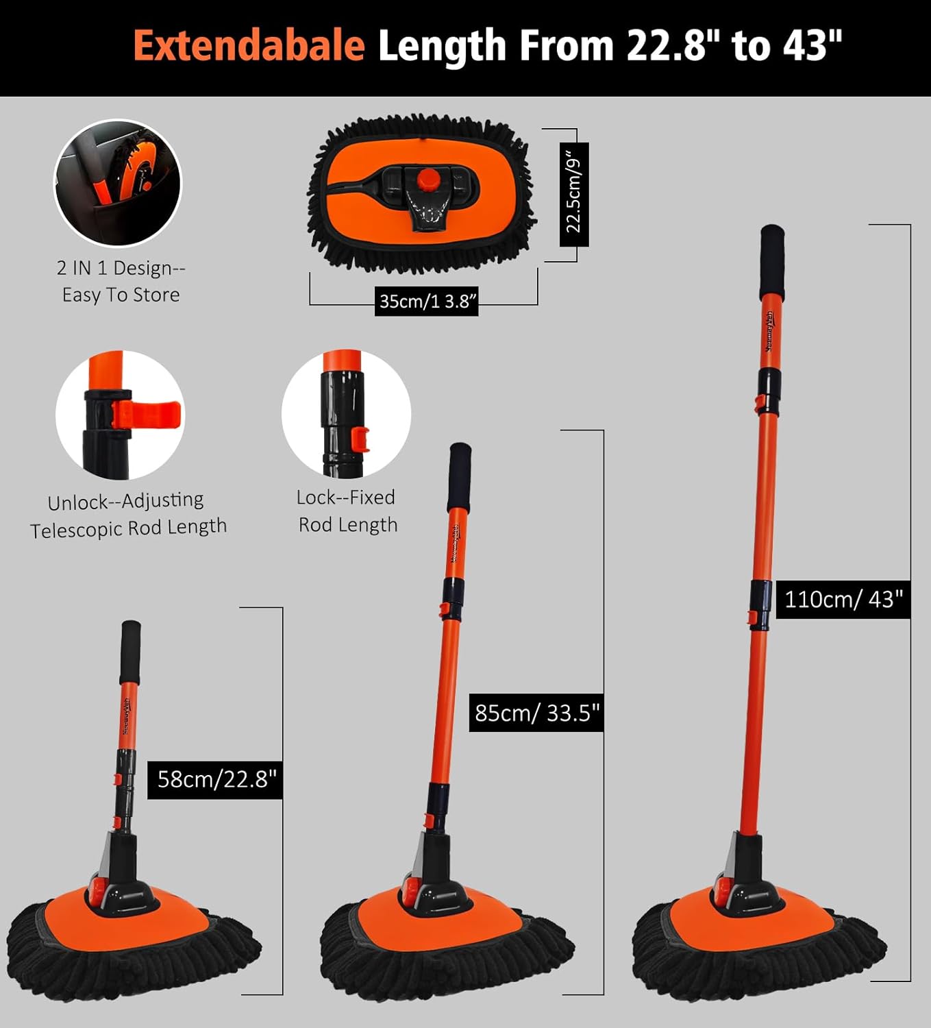 YeewayVeh 43″ Extendable Car Wash Brush Mop ‒ Soft Microfiber, Curved Head, Long Pole
