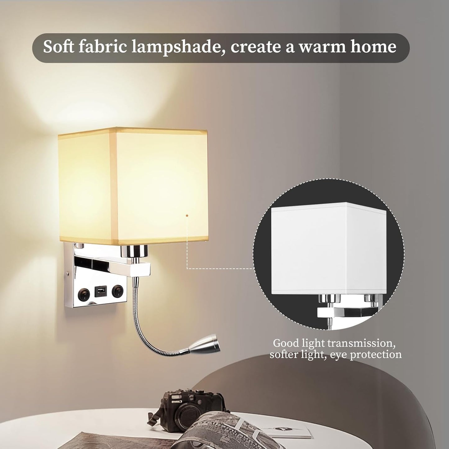 ALLOMN LED Bedside Wall Light Dual Switch USB Reading Lamp Polished Chrome