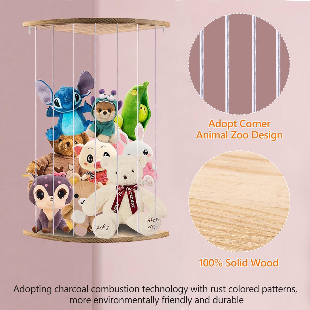 LOFTANK Corner Soft Toy Storage Shelf – Wood Plush Organizer for Kids’ Bedroom