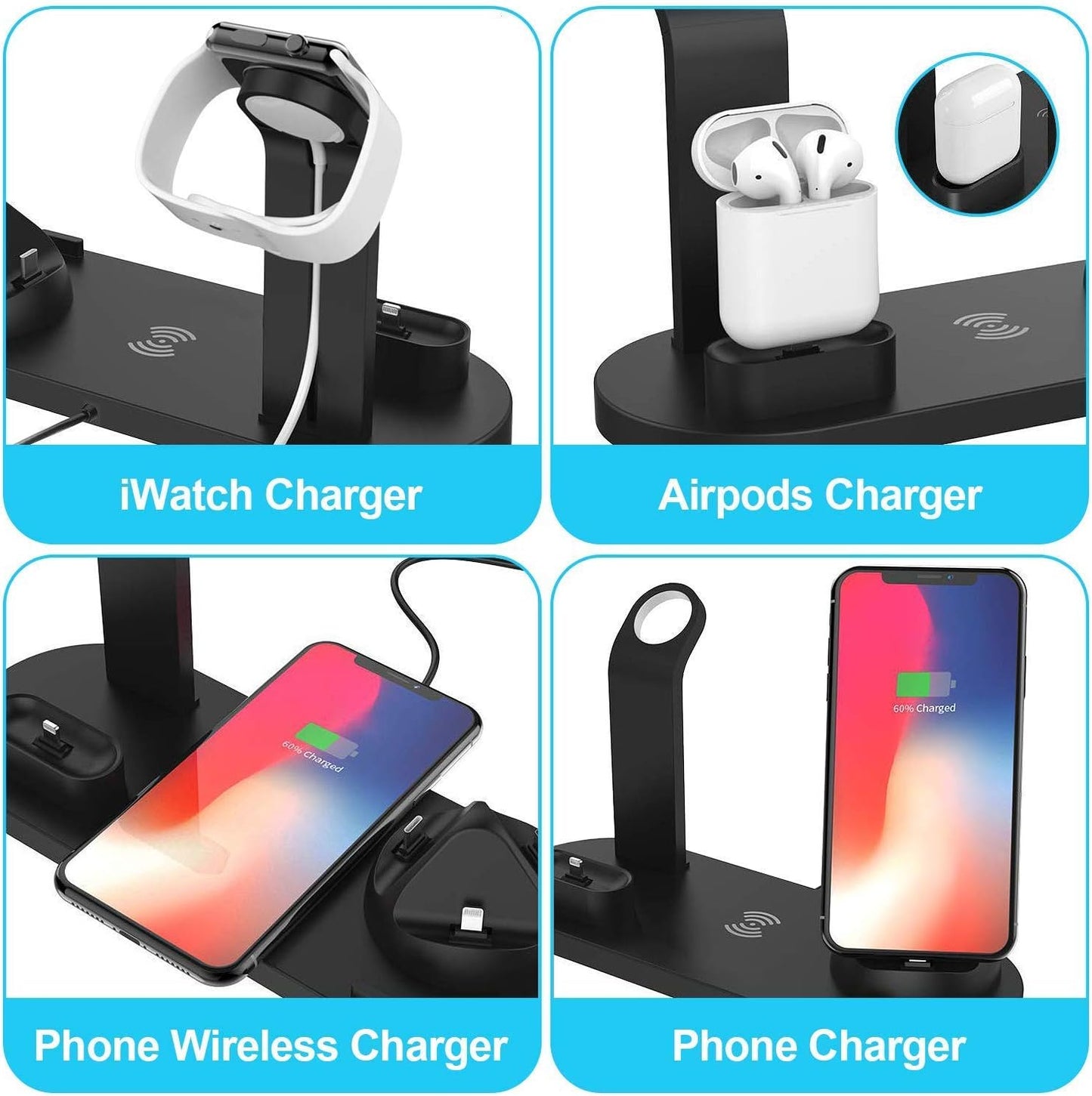 SENWOW 6‑in‑1 Wireless Charging Station – Phone, AirPods & Watch Dock (Black)