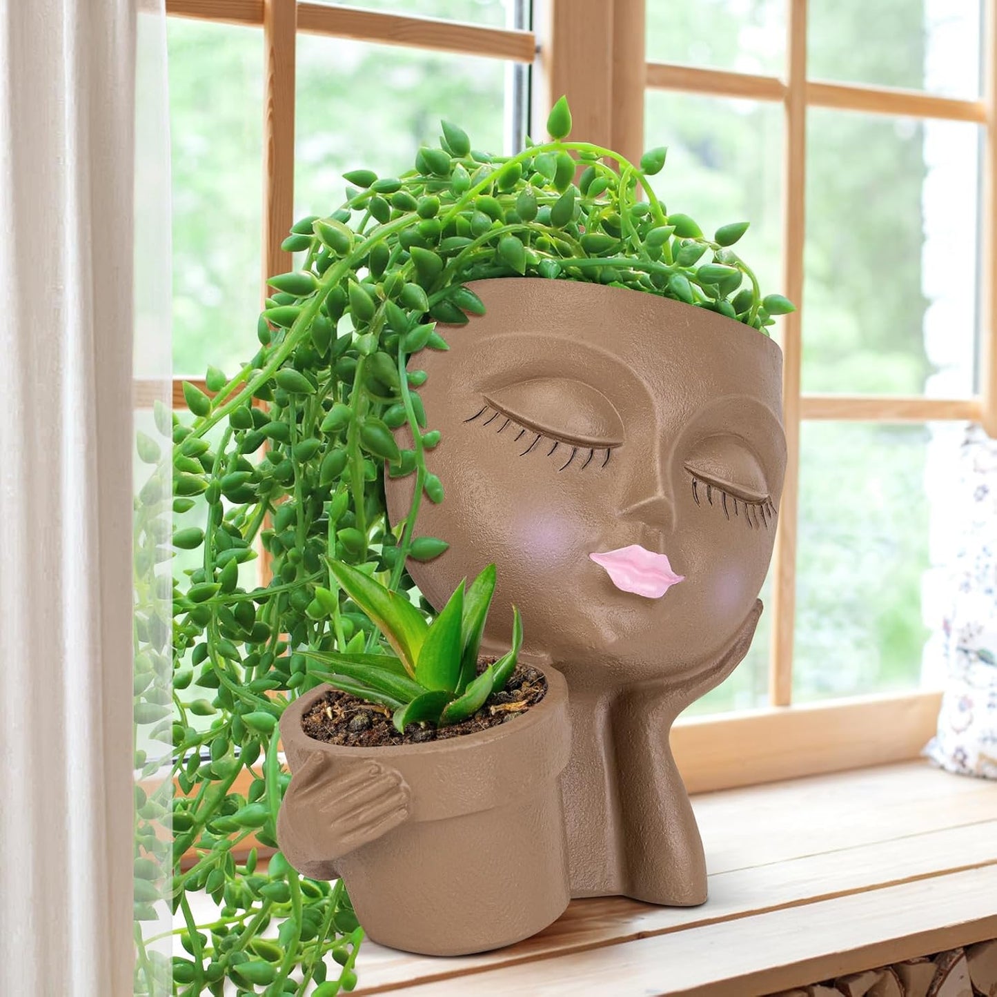 DUCHIFAD Face Planter Pot - Resin Head Flower Pot with Drainage for Indoor/Outdoor