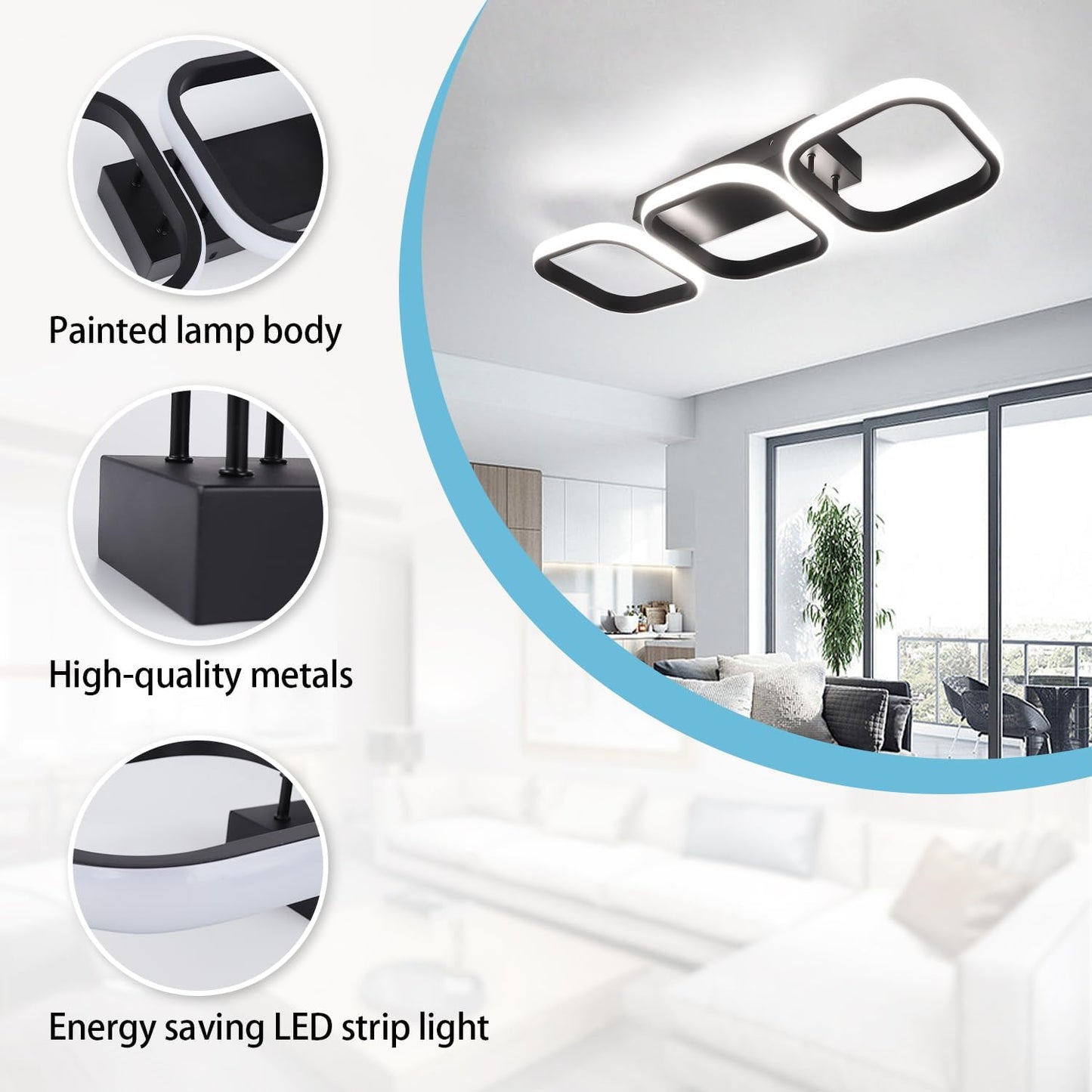 EIDISUNY 3‑Rectangle LED Ceiling Light 33W Cool White Modern Black/White