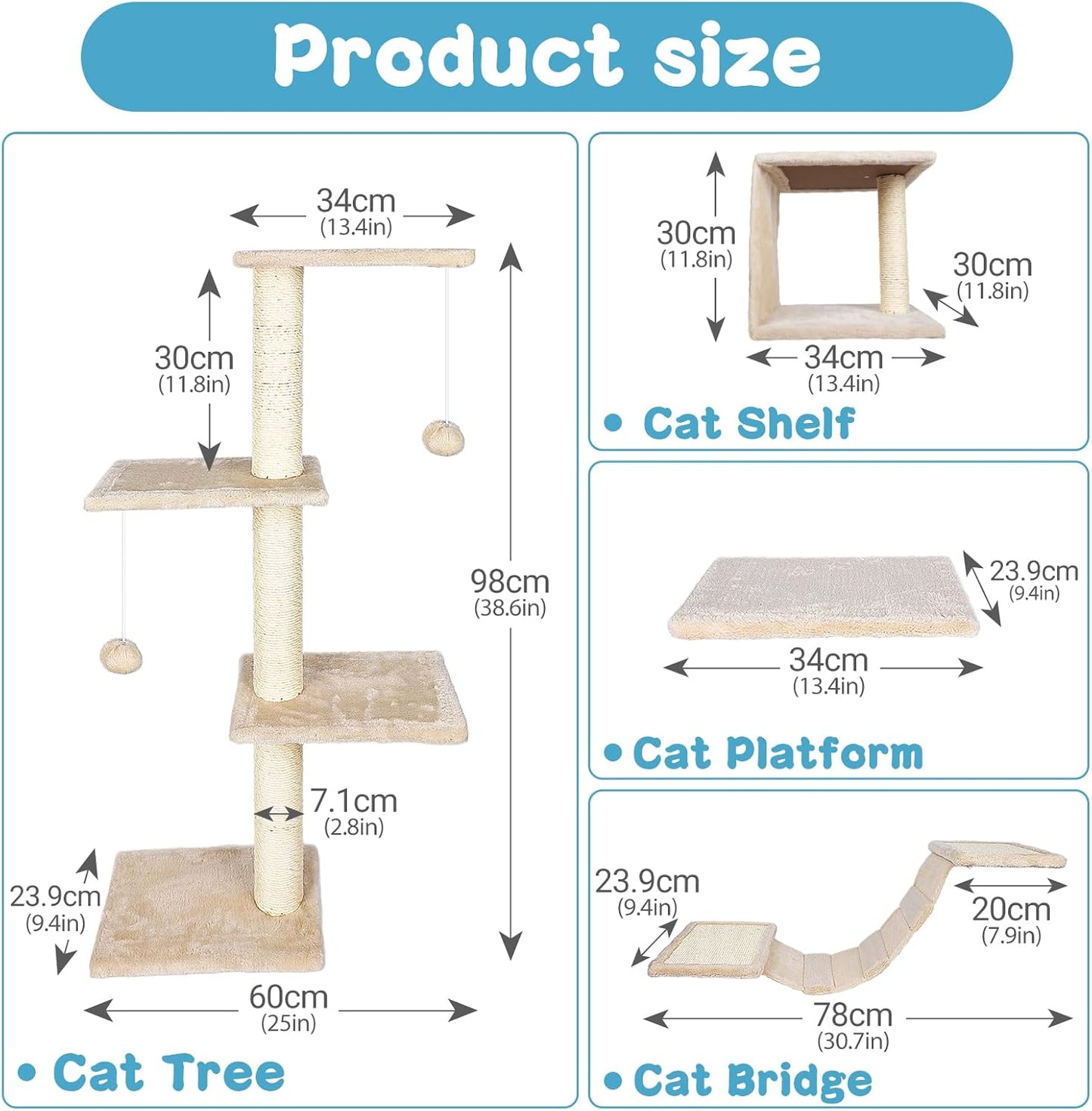 MASTERTOP 4‑in‑1 Wall Mounted Cat Furniture Set – Climbing, Scratch & Perch