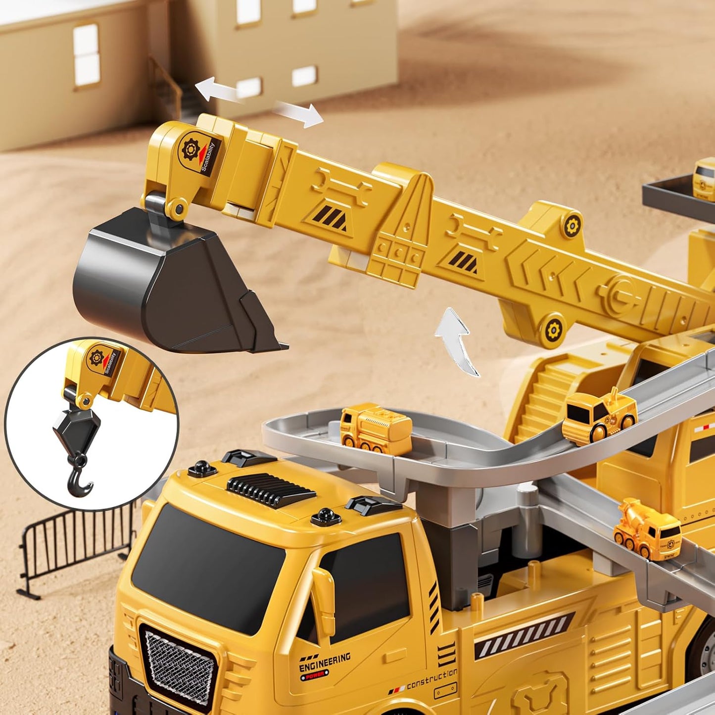 TEMI 2-in-1 Construction Truck Toy w/ LED Lights, 8 Mini Vehicles & Race Track
