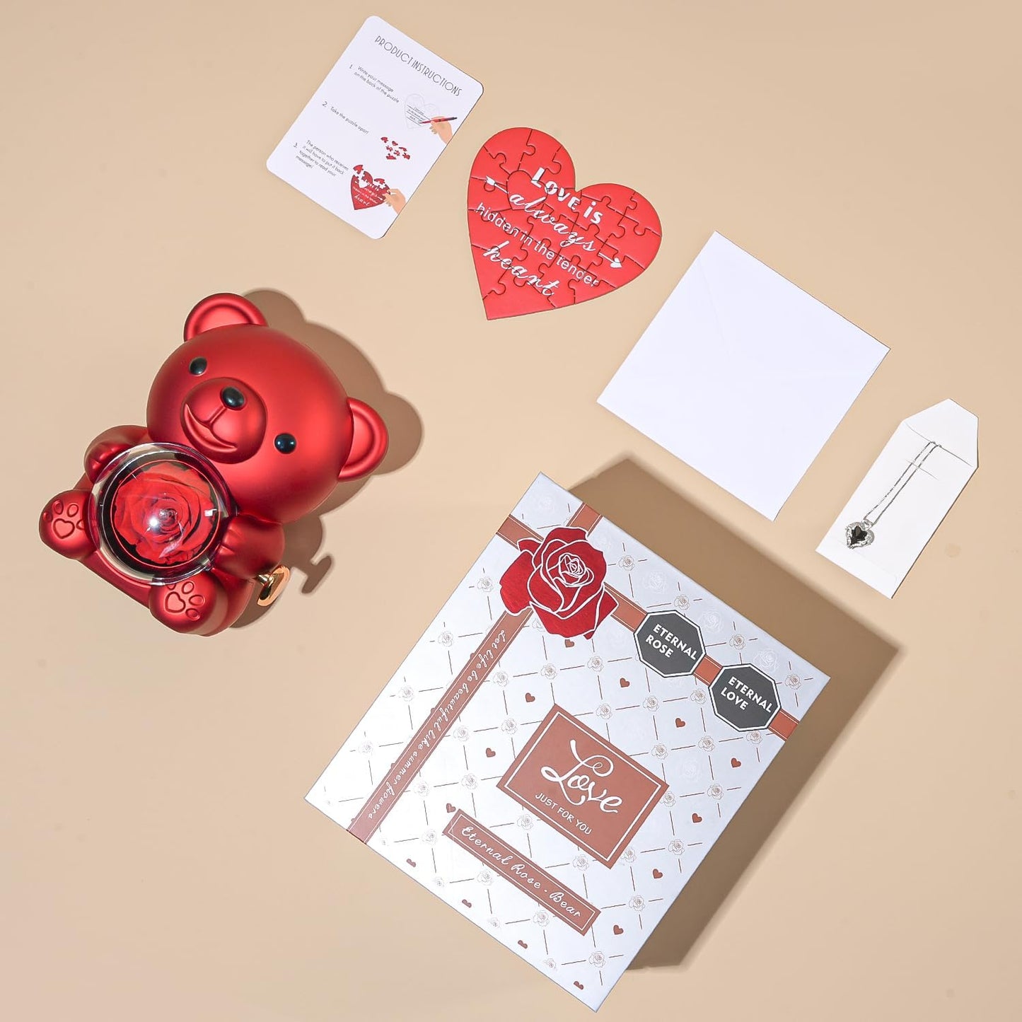 Ariceleo Red Teddy Bear with Preserved Real Rose – Romantic Keepsake Gift
