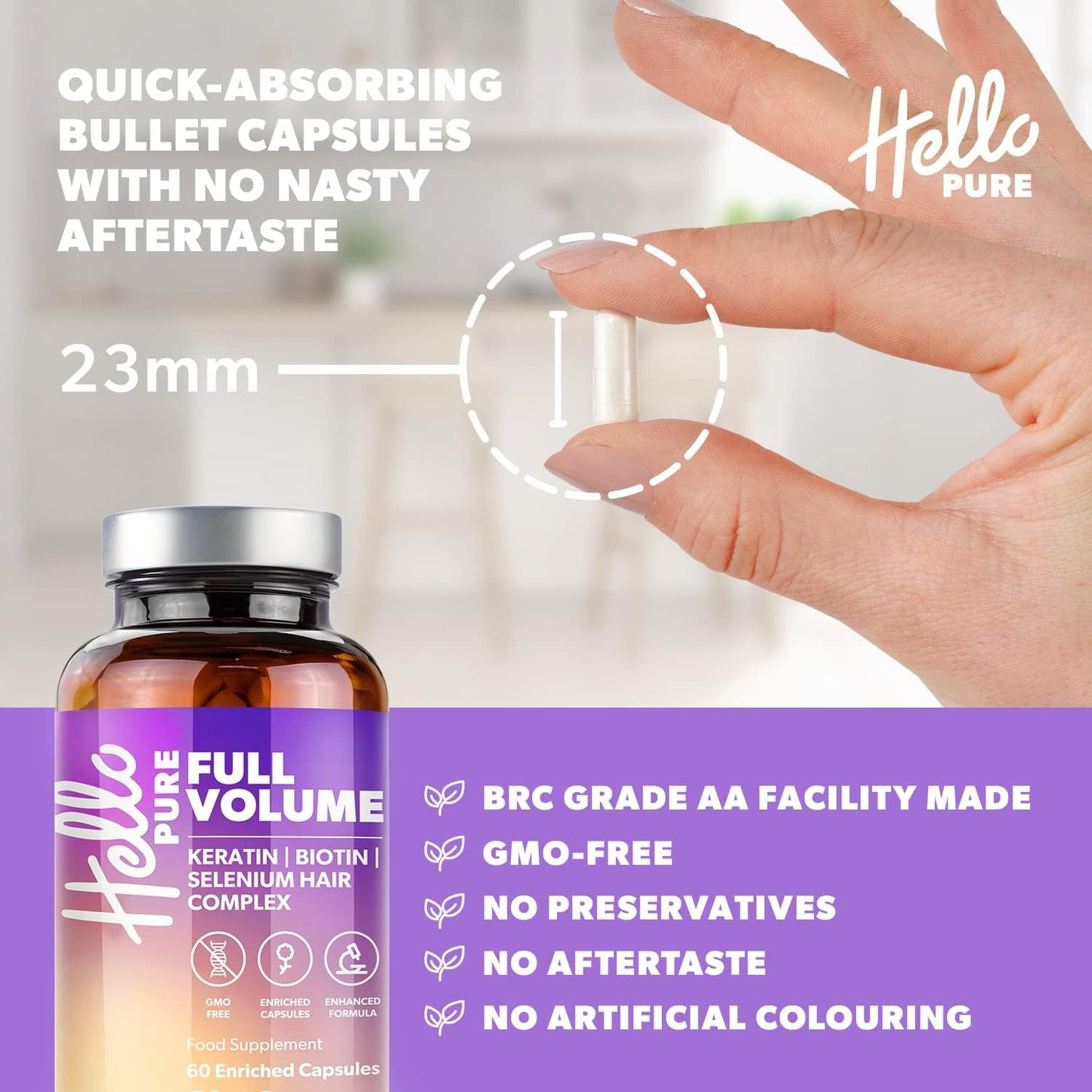 Hello Pure Full Volume Hair Growth Vitamins ‑ Biotin & Keratin Blend ‑ 60 Capsules