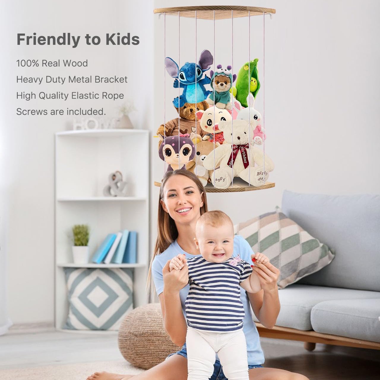 LOFTANK Corner Soft Toy Storage Shelf – Wood Plush Organizer for Kids’ Bedroom