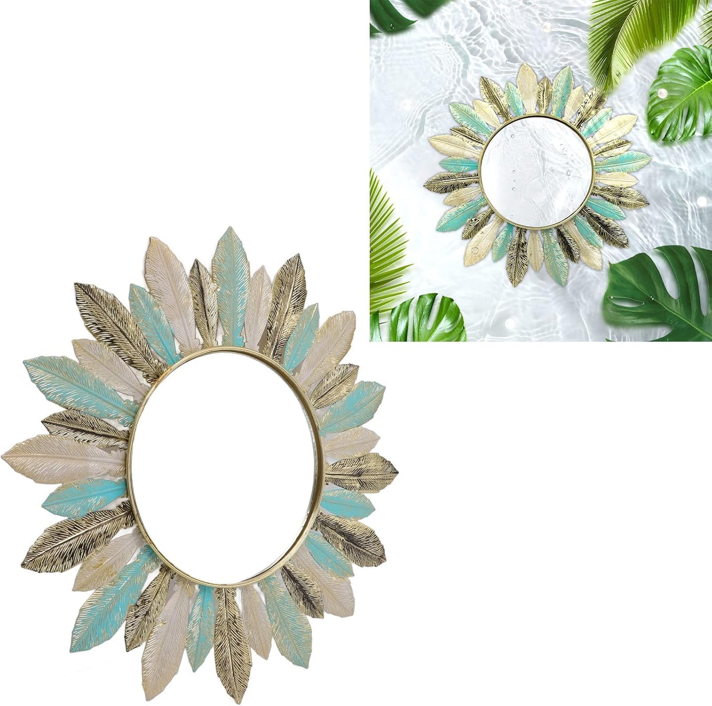 Tyenaza Boho Feather Wall Mirror Round Decorative Entryway