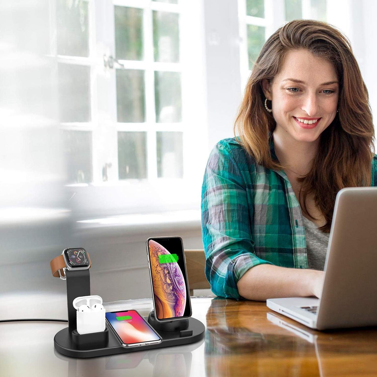 SENWOW 6‑in‑1 Wireless Charging Station – Phone, AirPods & Watch Dock (Black)