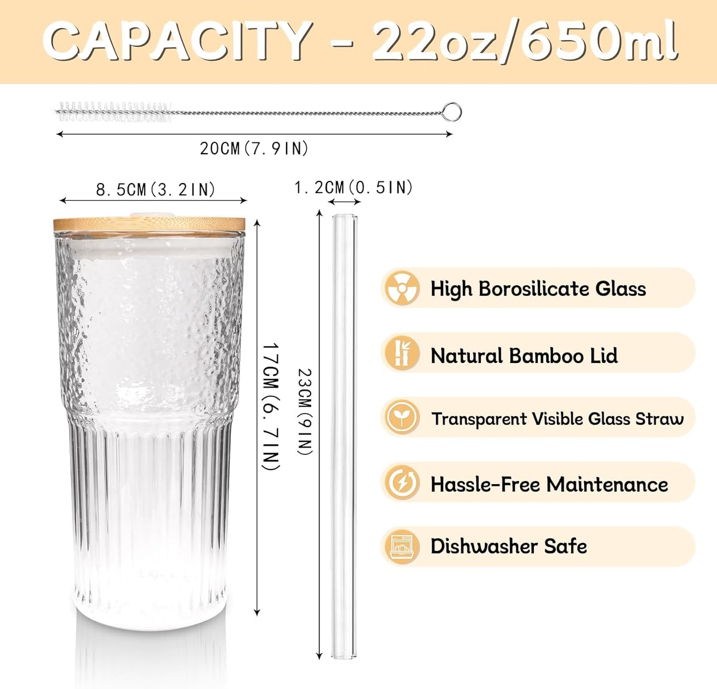 ANOTION 22oz Glass Tumbler Set with Bamboo Lids & Straws – Durable, Eco‑Friendly