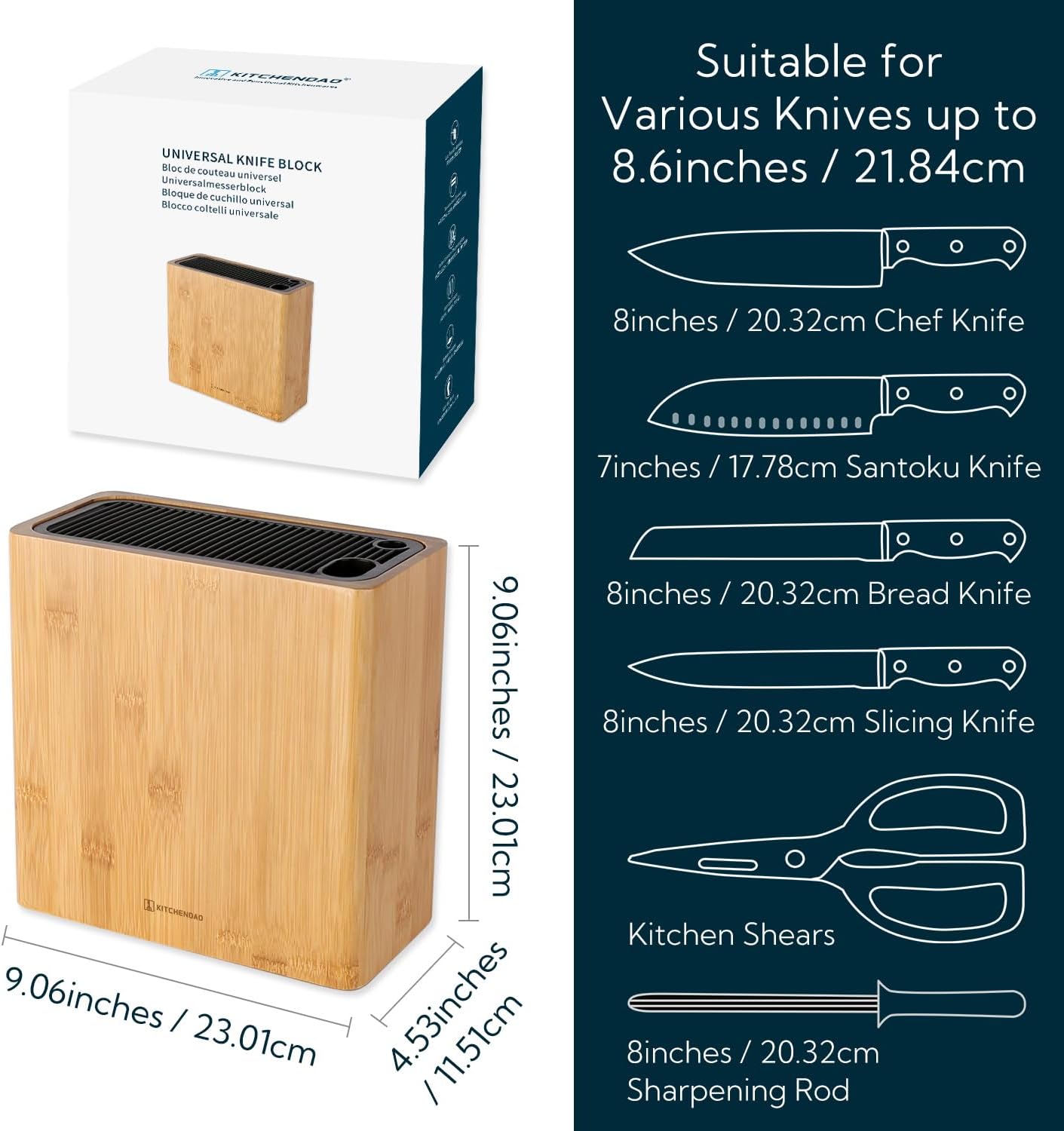KitchenDAO Bamboo Universal Knife Block – Holds Up to 16 Knives + Scissors & Sharpener