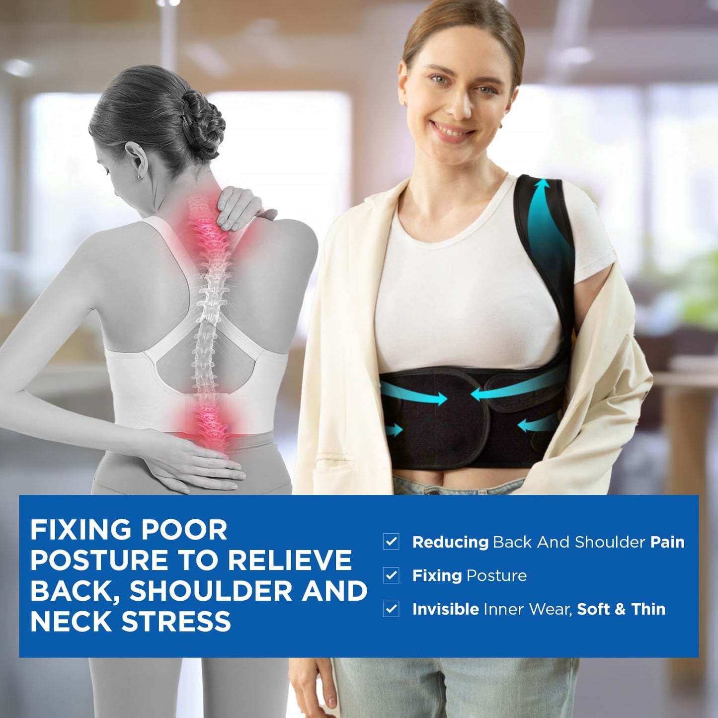 Posture Corrector Back Brace Adjustable Support for Men Women Black Large
