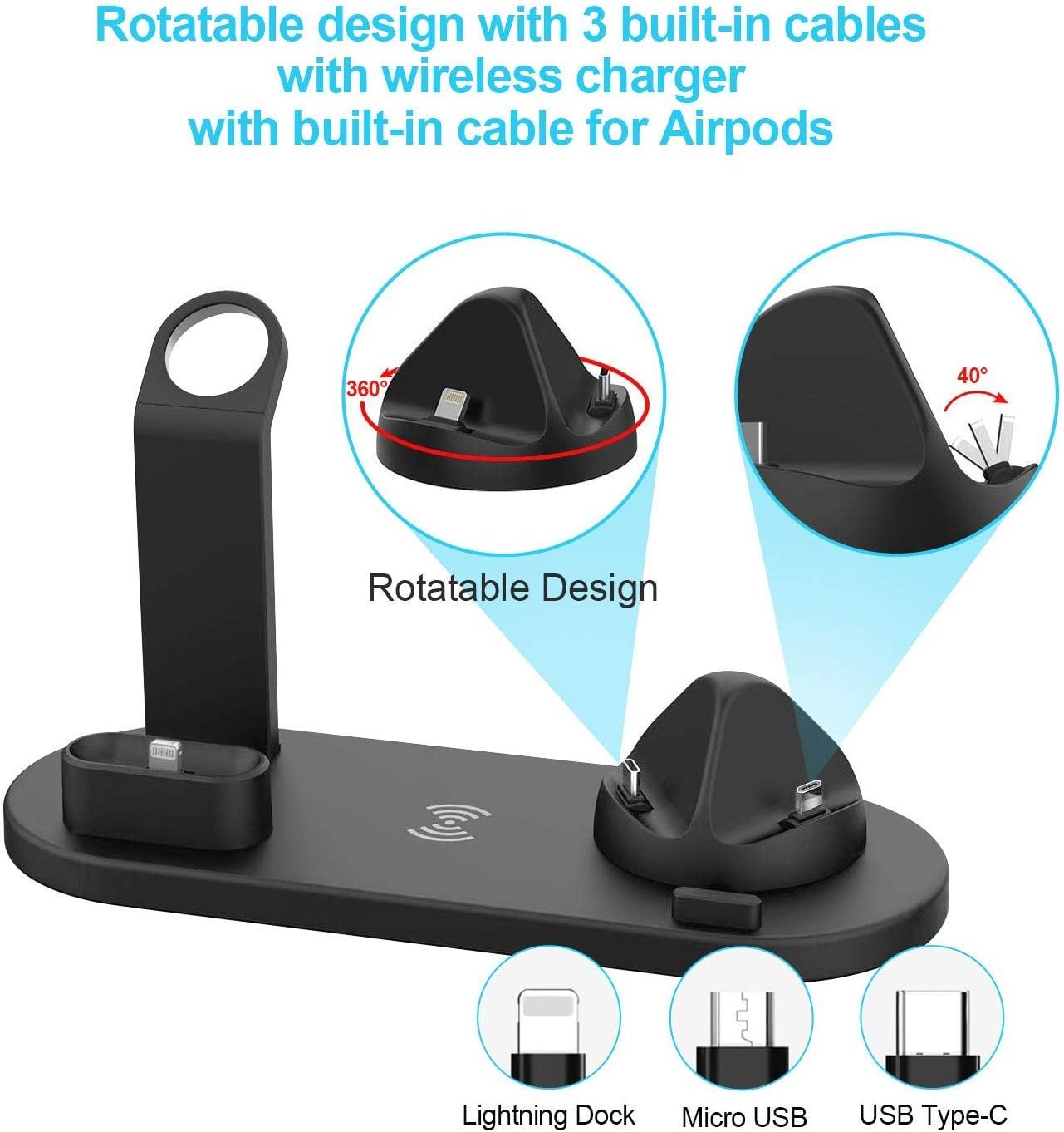 SENWOW 6‑in‑1 Wireless Charging Station – Phone, AirPods & Watch Dock (Black)