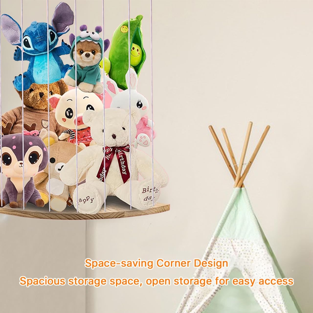 LOFTANK Corner Soft Toy Storage Shelf – Wood Plush Organizer for Kids’ Bedroom