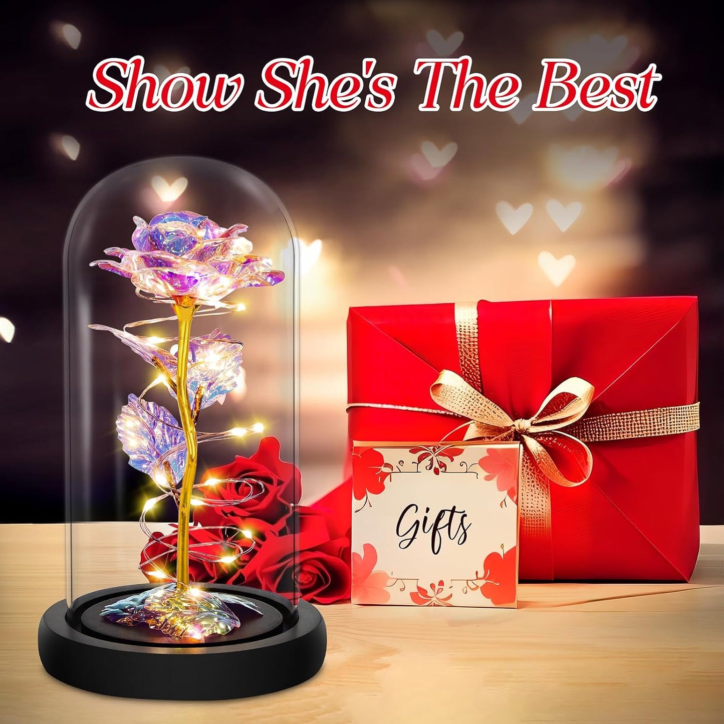 LED Rainbow Roses Glass Dome | Preserved Floral Gift, Night‑Light Décor