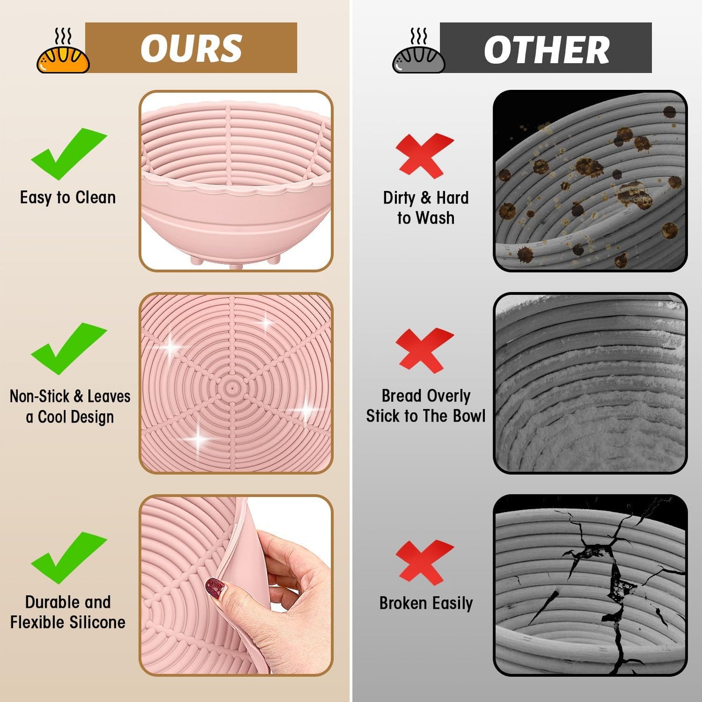 2Pack Bread Proofing Basket Banneton,Silicone Sourdough Bread Baking Baskets,
