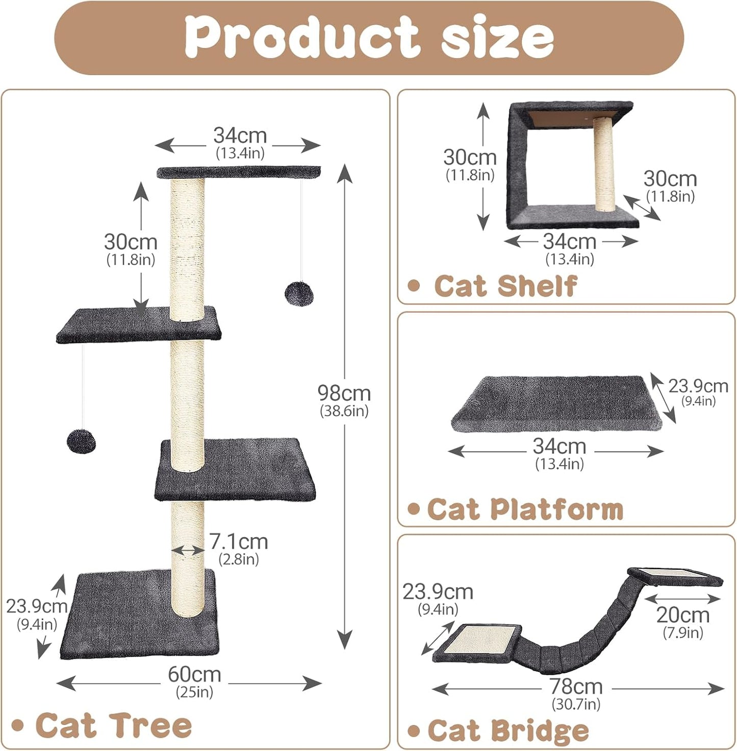 MASTERTOP 4‑in‑1 Cat Climbing Frame Set – Wall Mounted Cat Tree / Shelves / Scratcher