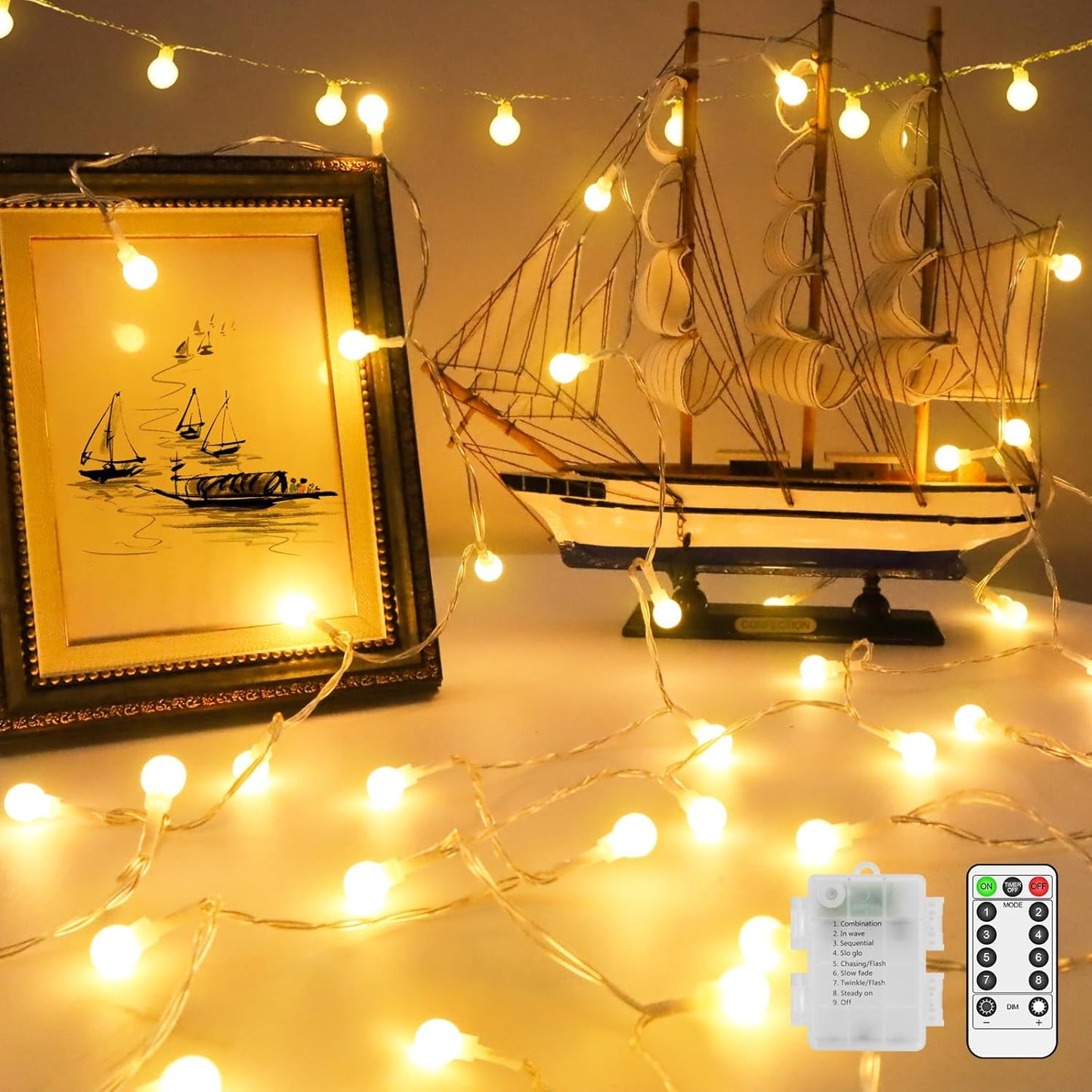 JXLEDAYY 12 m 100‑LED Waterproof Globe Fairy Lights – Warm White, Remote & 8 Modes