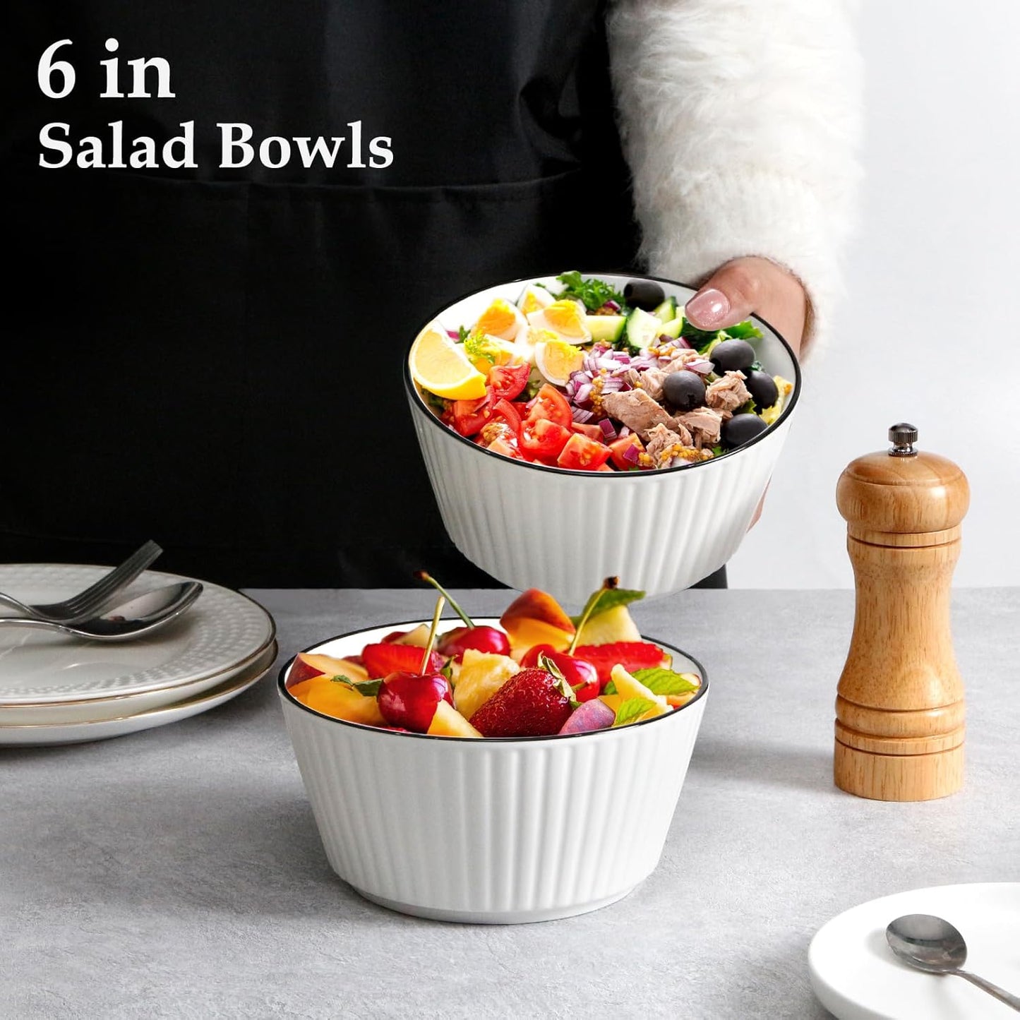 Set of 6 Ceramic Bowls 27 oz – Oven/Microwave/Freezer Safe, Stackable & Durable