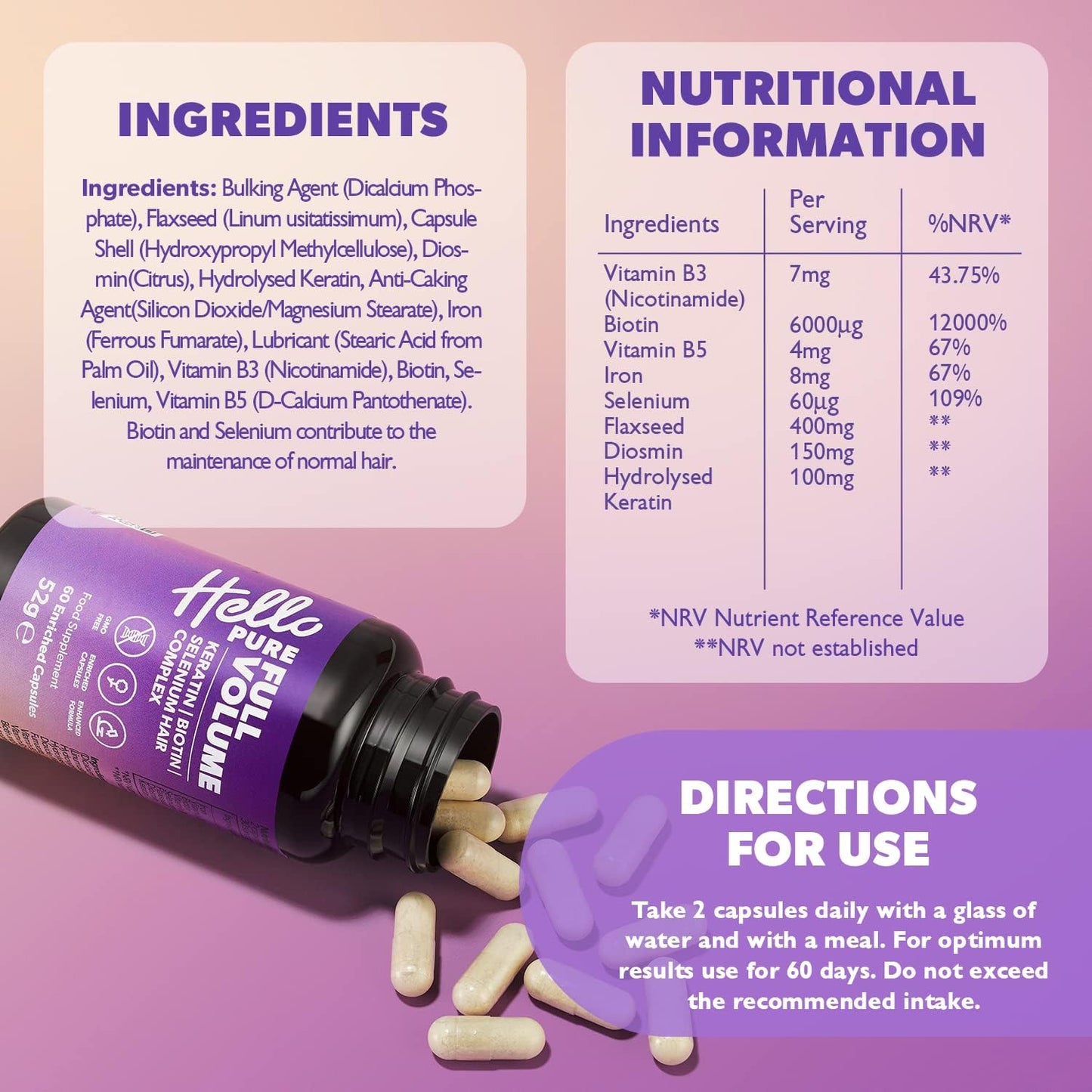 Hello Pure Full Volume Hair Growth Vitamins ‑ Biotin & Keratin Blend ‑ 60 Capsules