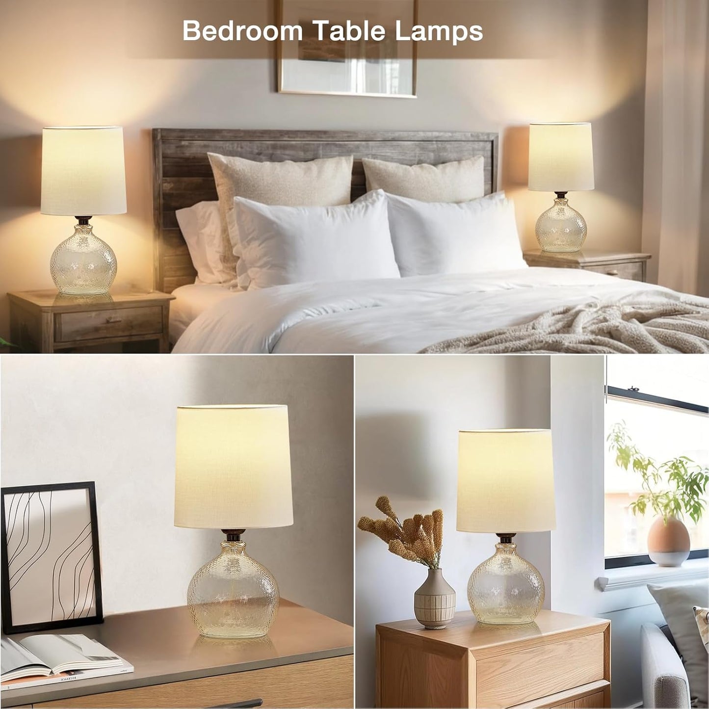 GyroVu Set of 2 Glass Table Lamps with White Fabric Shades – Modern Ambient