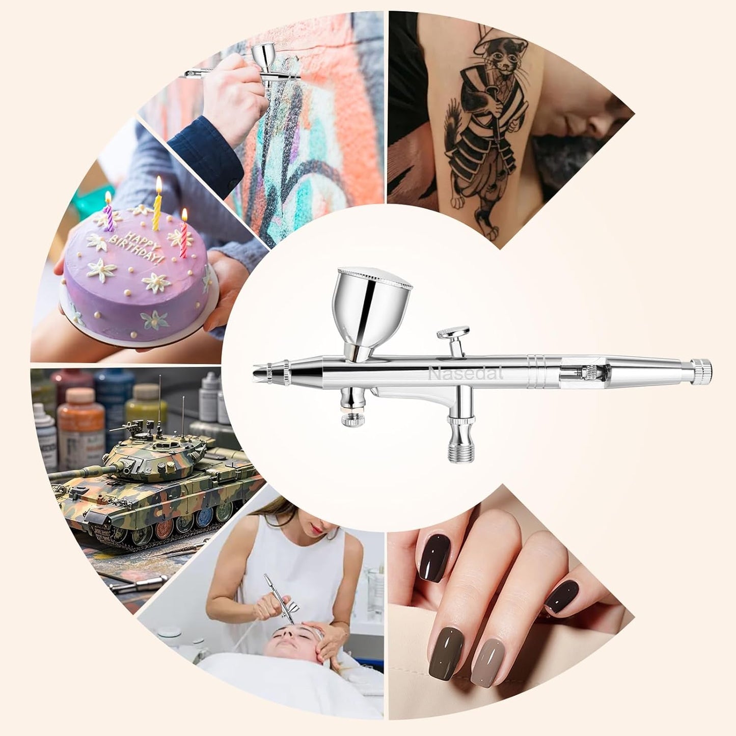Nasedal Dual‑Action Airbrush Kit – 4 Cup Sizes, 0.3/0.5 mm Needles – Art & Cake