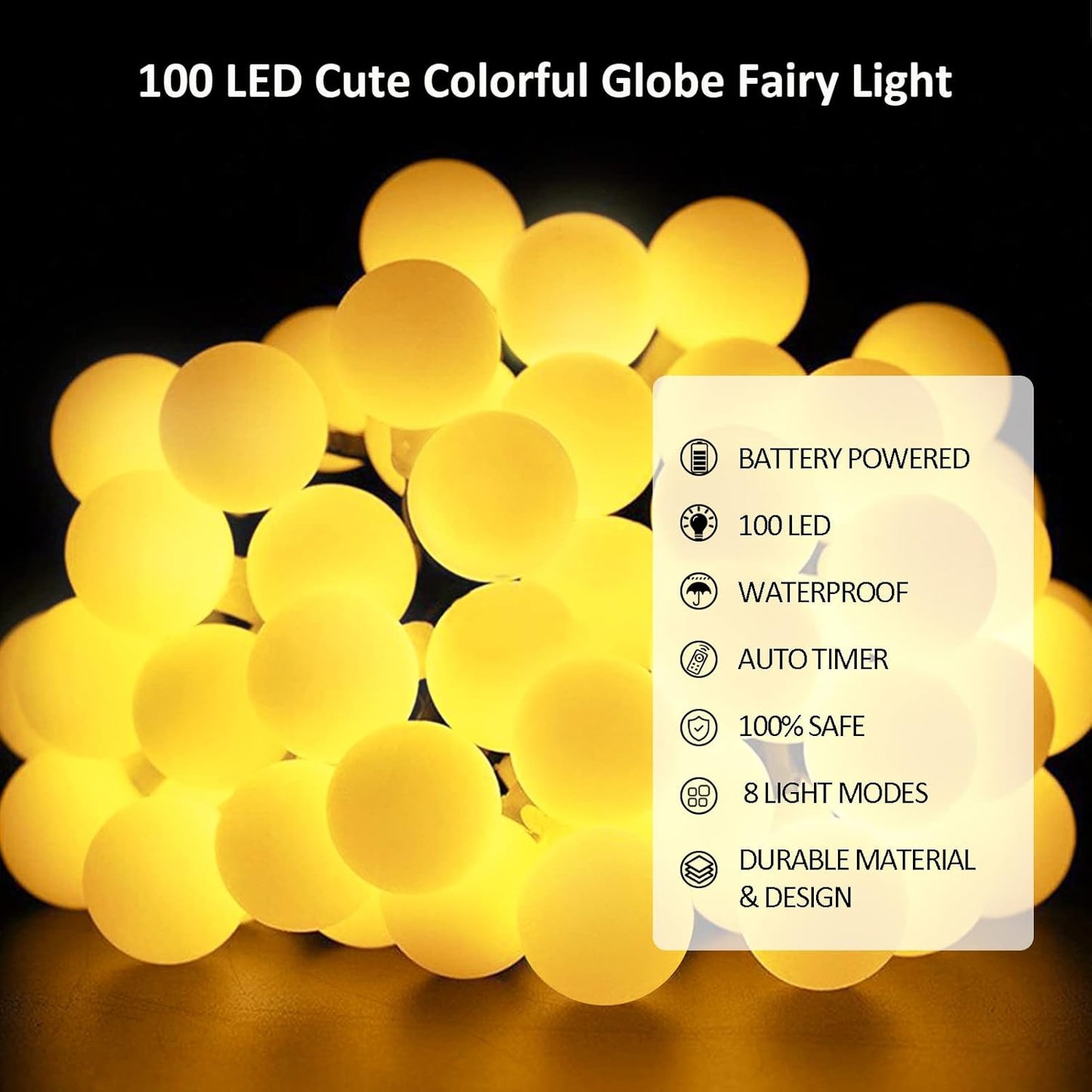 JXLEDAYY 12 m 100‑LED Waterproof Globe Fairy Lights – Warm White, Remote & 8 Modes