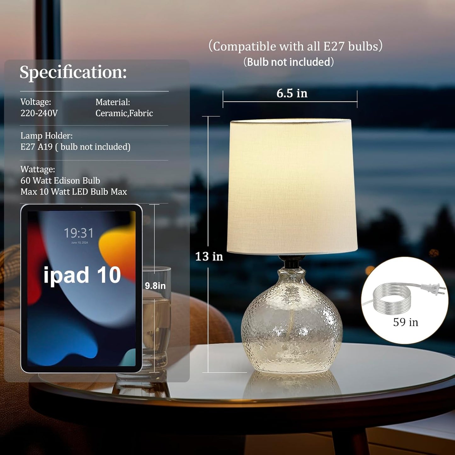 GyroVu Set of 2 Glass Table Lamps with White Fabric Shades – Modern Ambient
